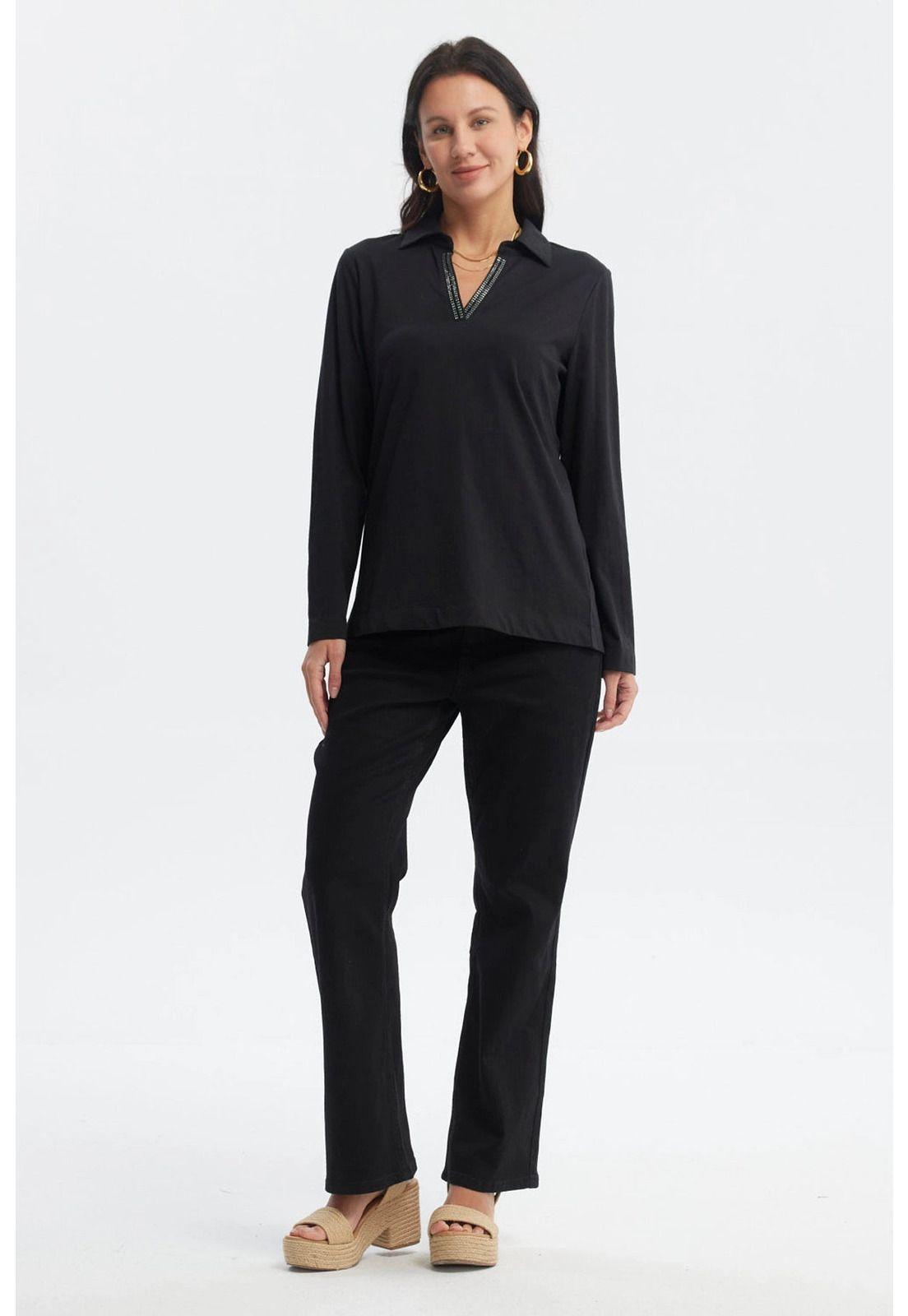 Polera Mujer Cuello Camisero Negro-3