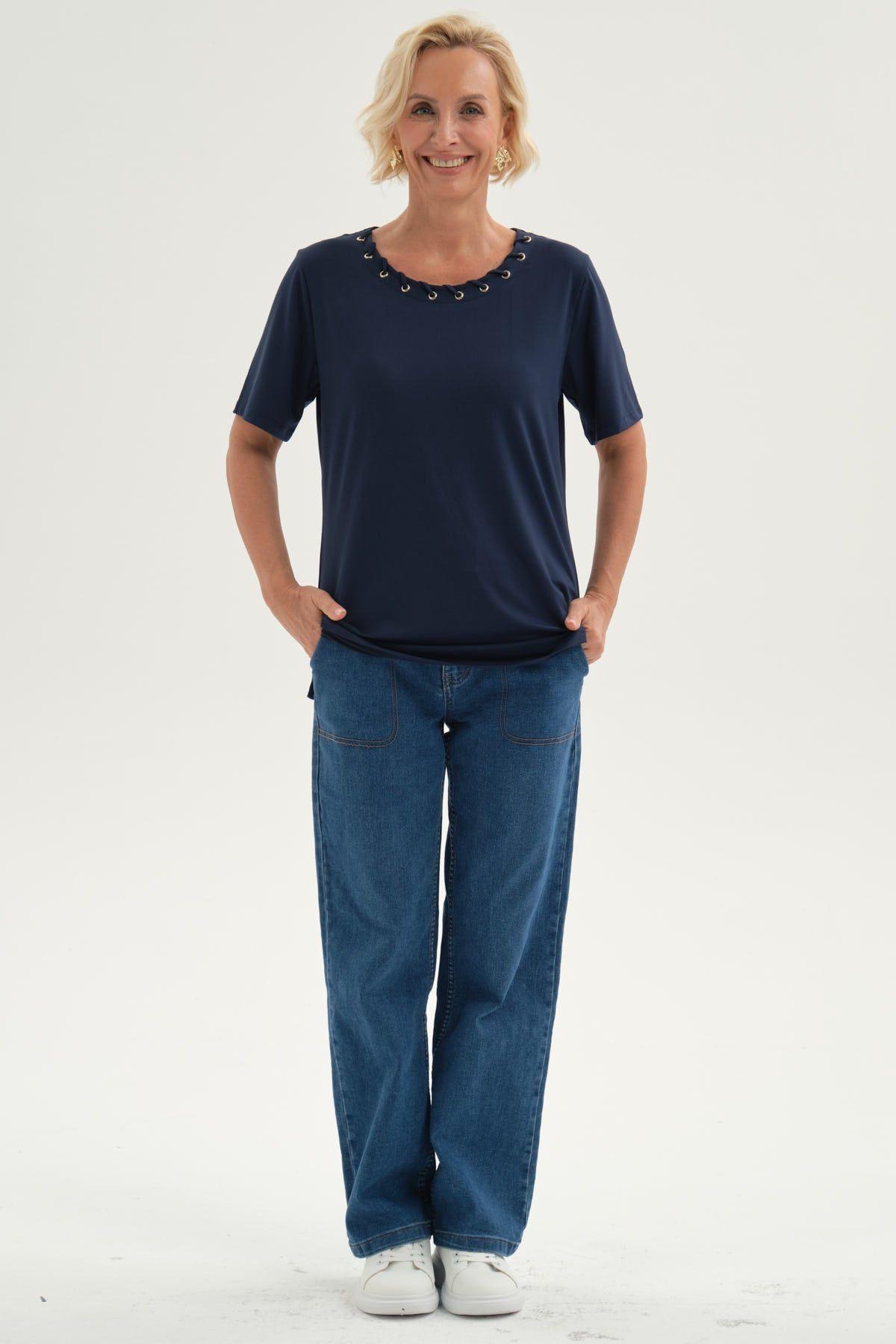 Polera Mujer Detalle Cuello Azul-3