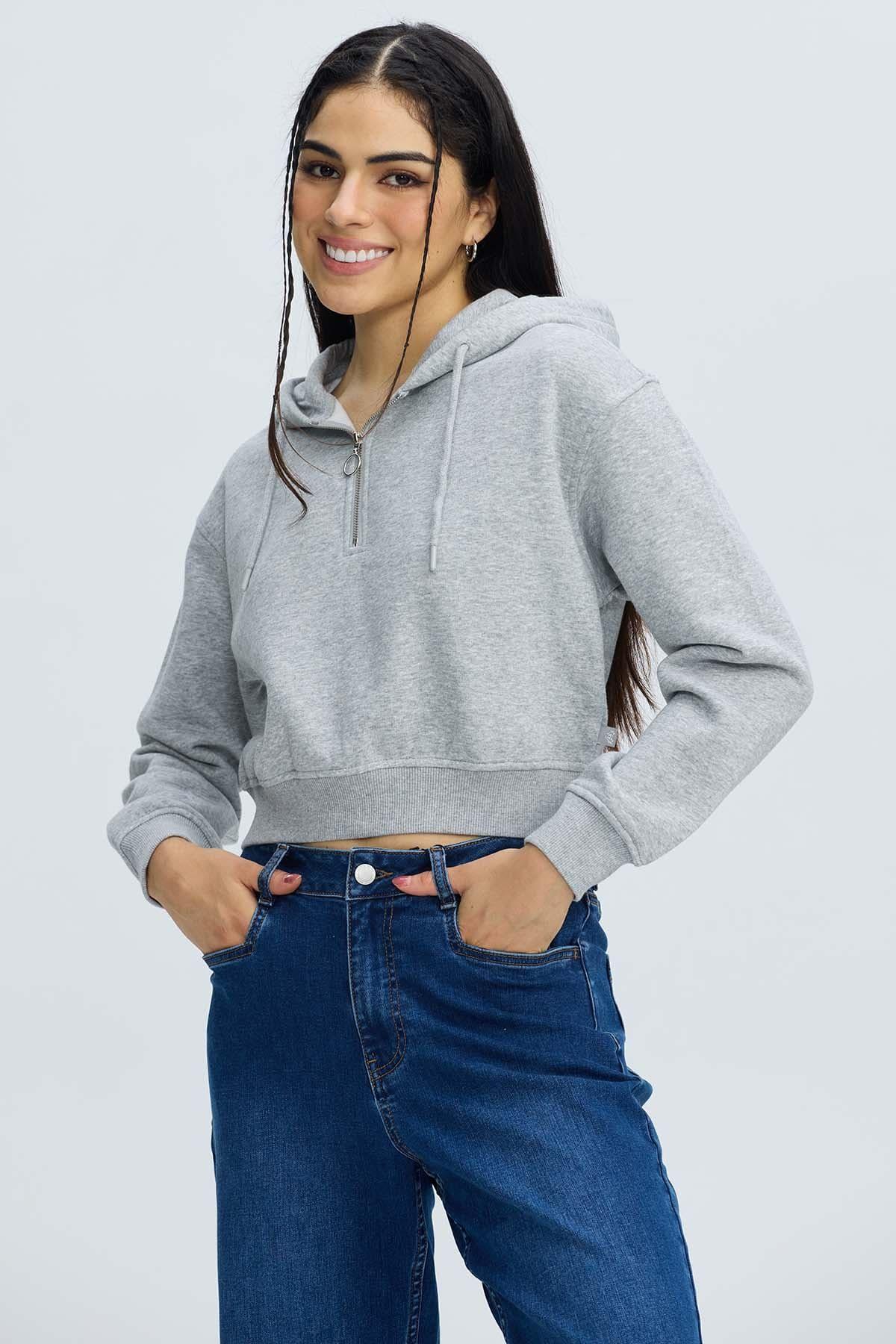 Polerón Mujer Medio Zipper Crop Gris Melange-0