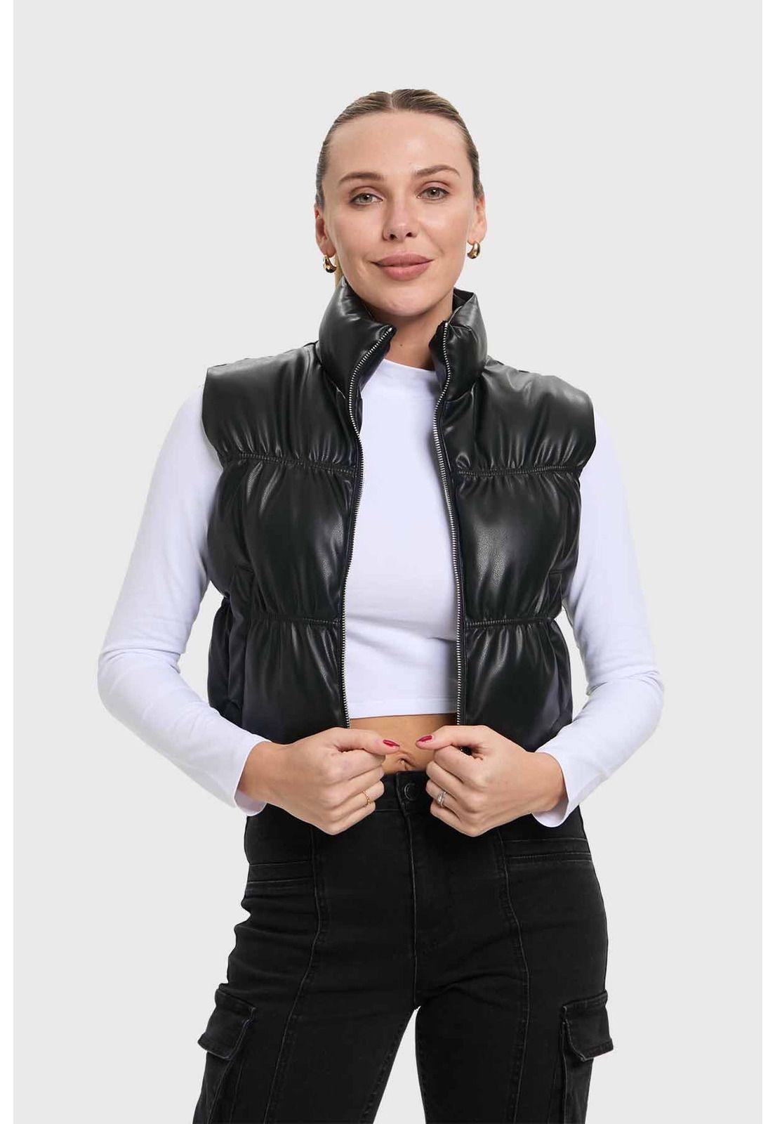 Parka Mujer Efecto Cuero Negro-0