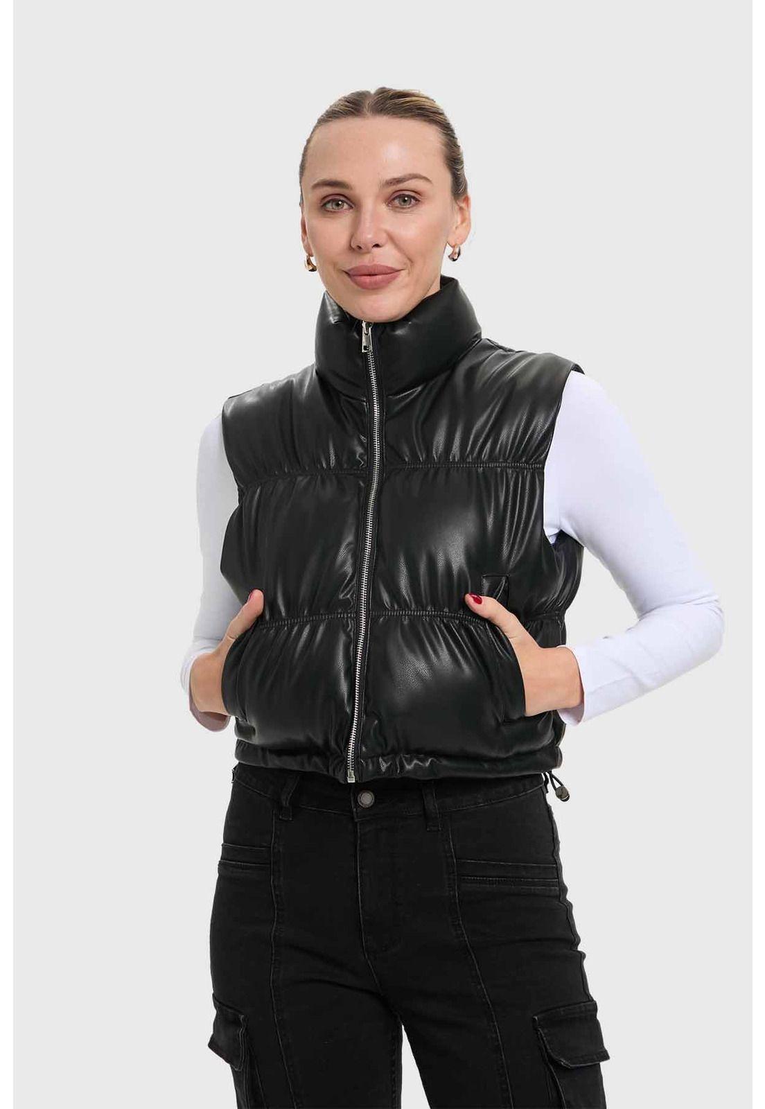 Parka Mujer Efecto Cuero Negro-1