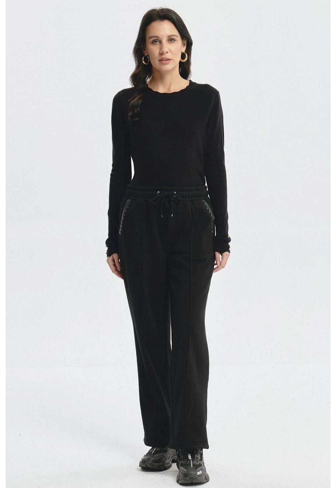 Pantalón Buzo Mujer Calce Recto Con Strass Negro-3