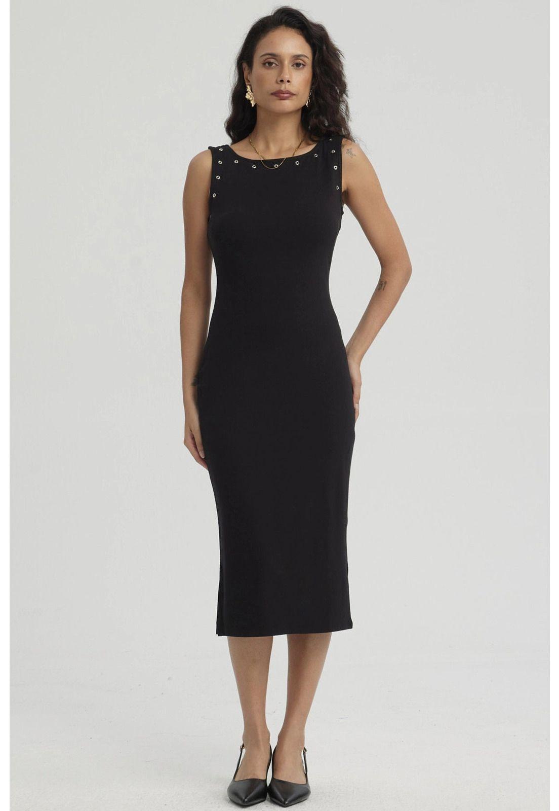 Vestido Mujer Largo Con Ojetillo Negro-4