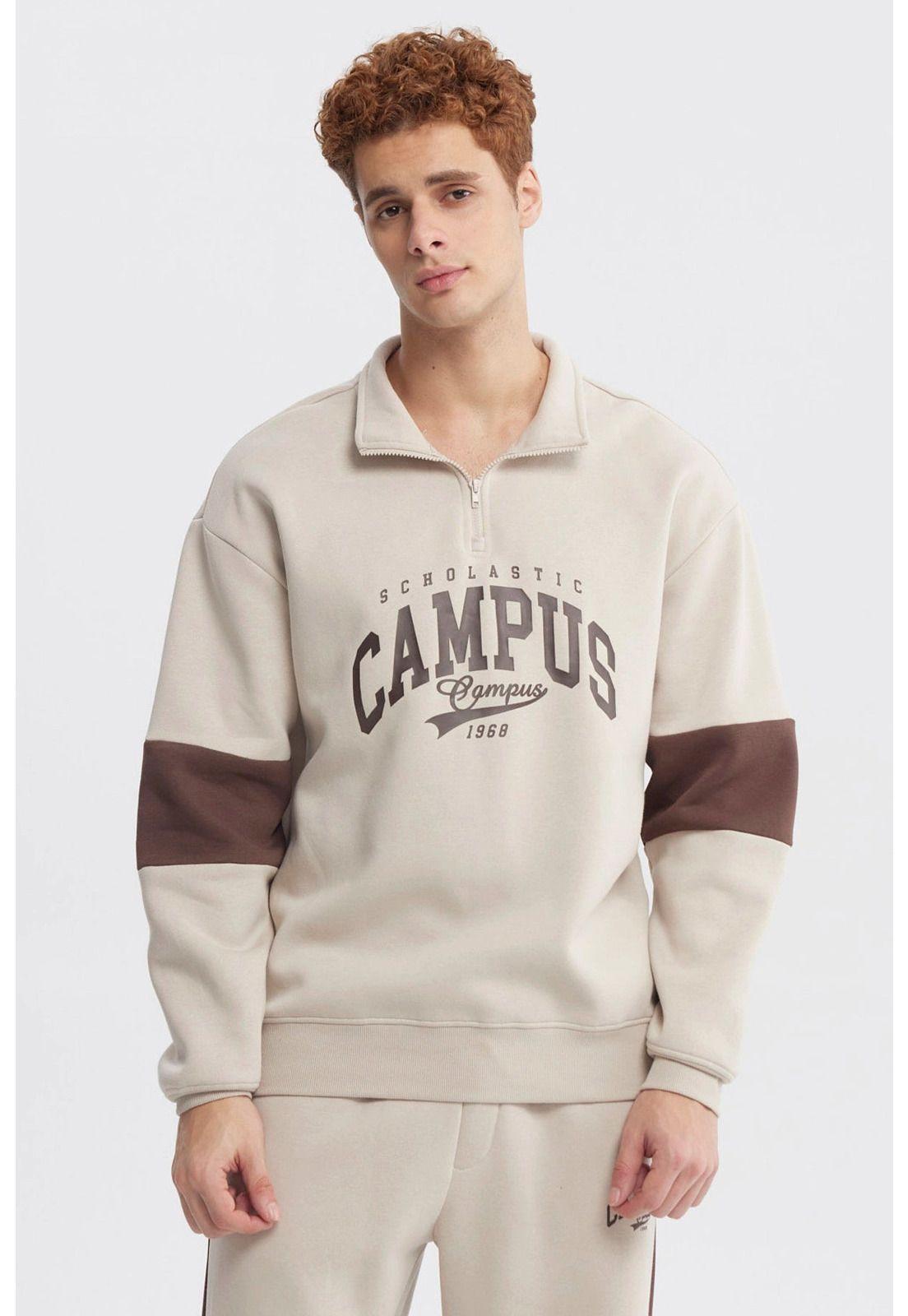 Polerón Hombre Oversize Half Zipper Beige-0