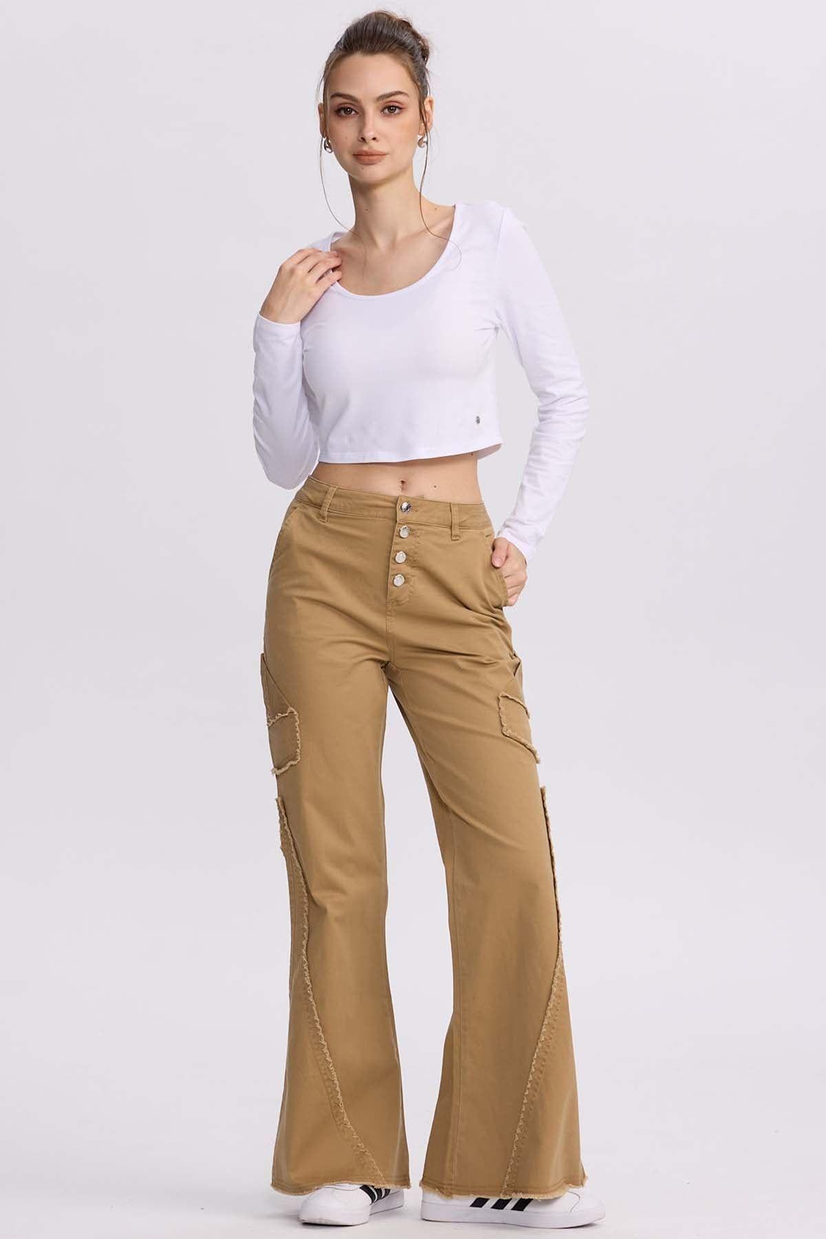 Pantalón Mujer Desflecado Camel-3