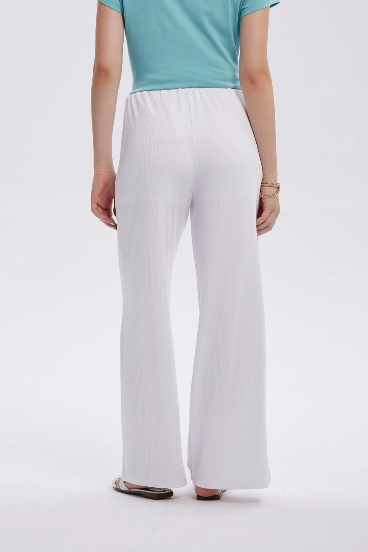 Pantalón Mujer Rib Palazzo Liso Pretina Blanco-2