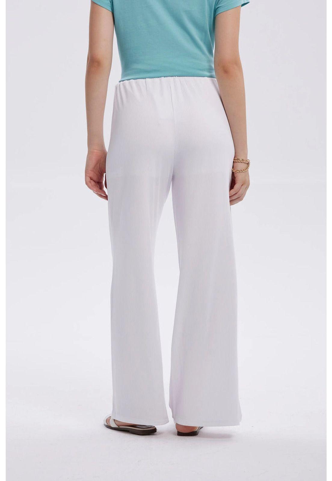Pantalón Mujer Rib Palazzo Liso Pretina Blanco-2