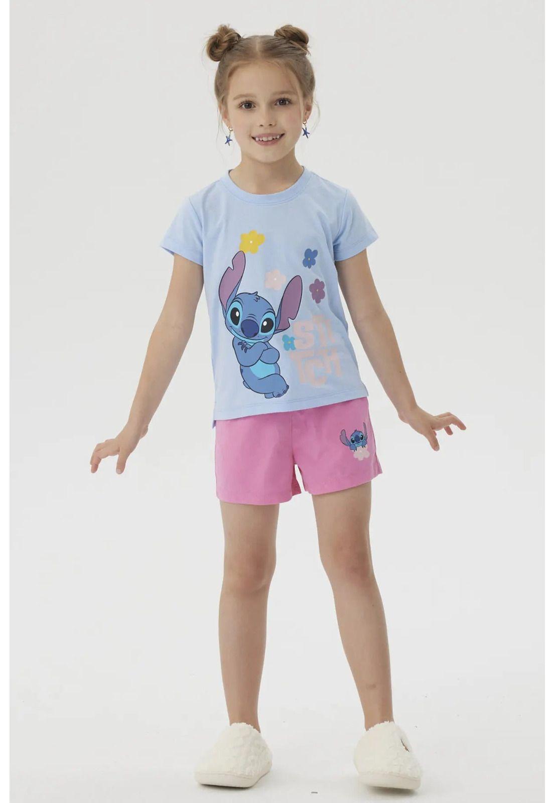 Pijama Niña Short Stitch Celeste-1