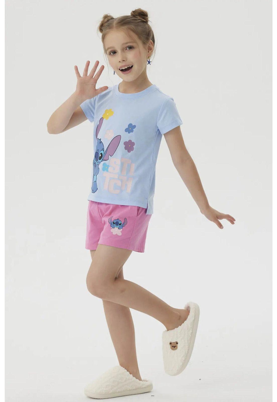 Pijama Niña Short Stitch Celeste-3