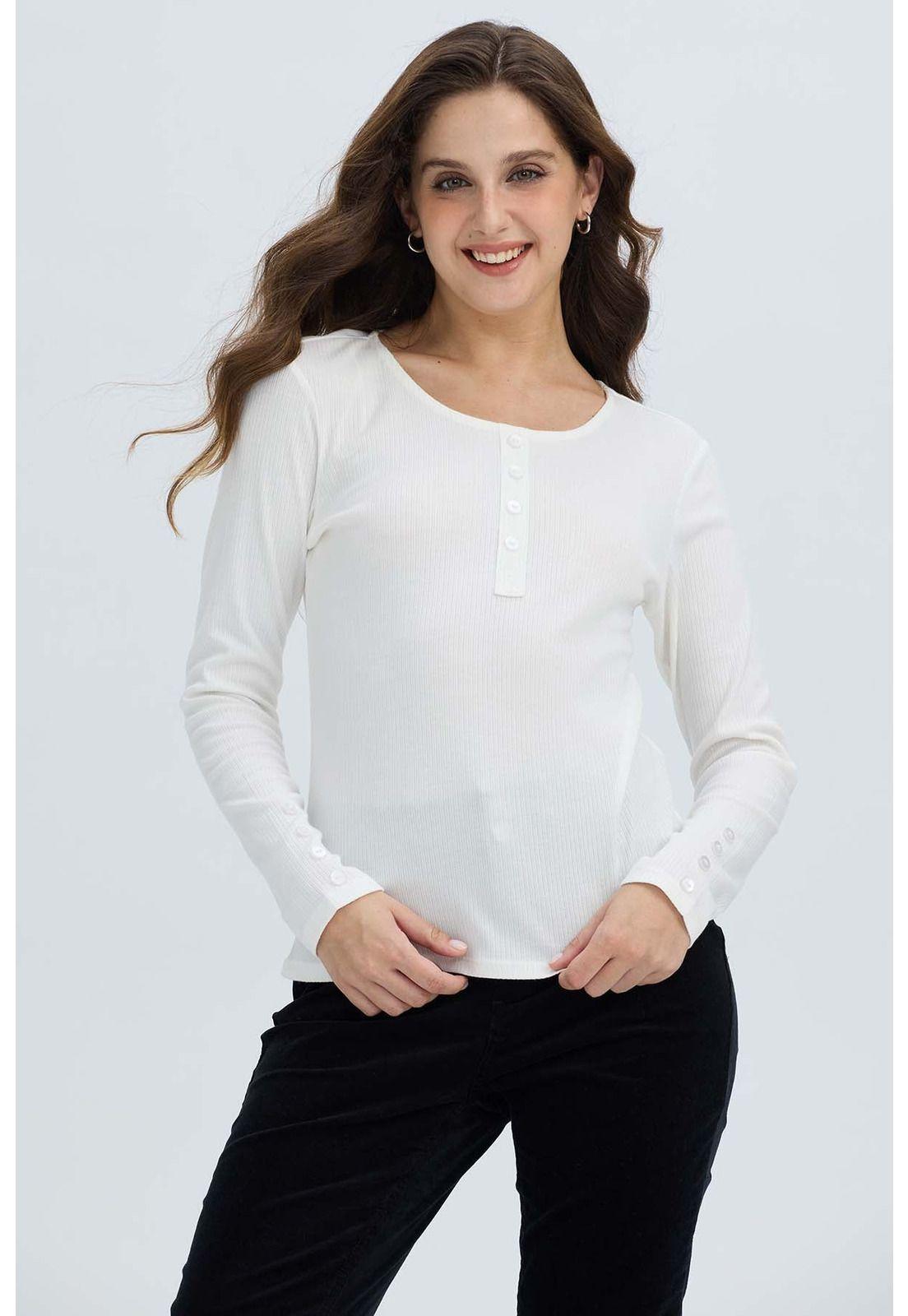 Polera Mujer Botón Rib Lisa Crudo-0