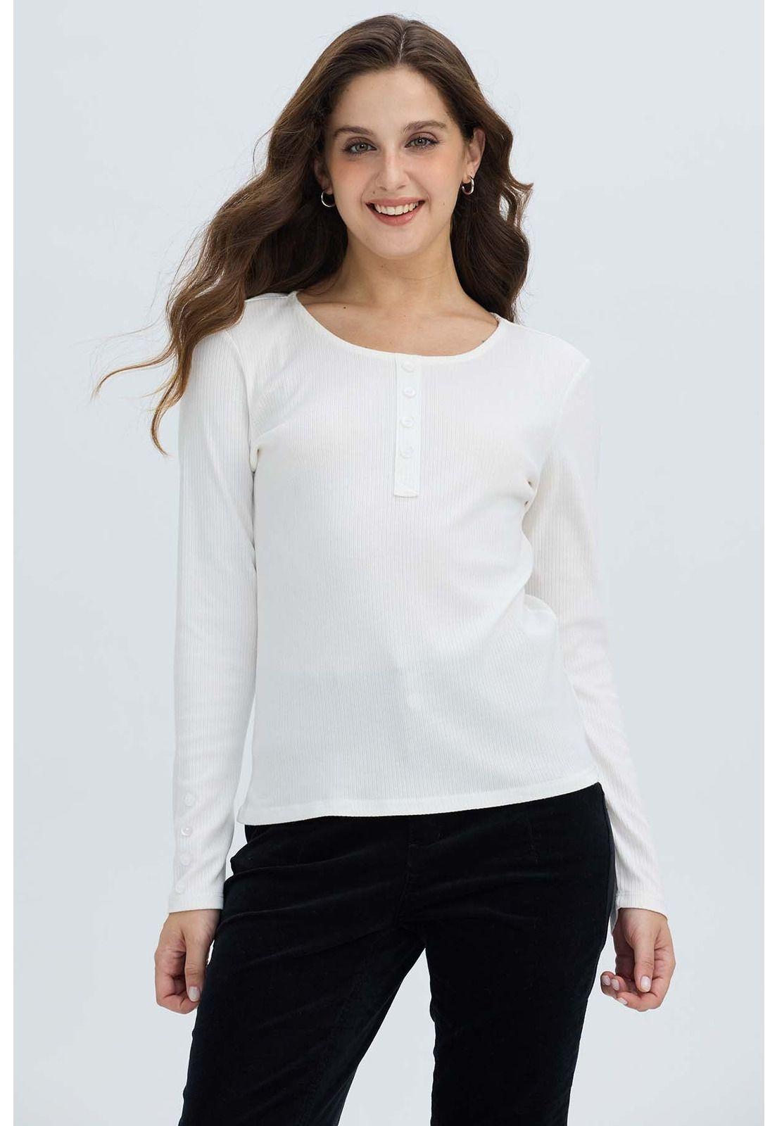 Polera Mujer Botón Rib Lisa Crudo-1