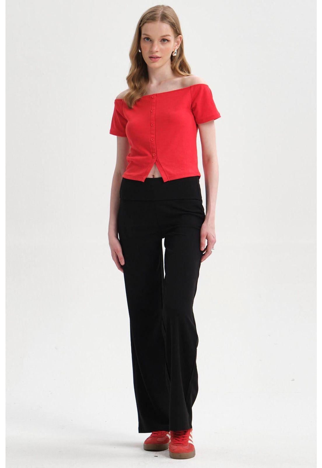 Polera Mujer Bardot Botones Rojo-3