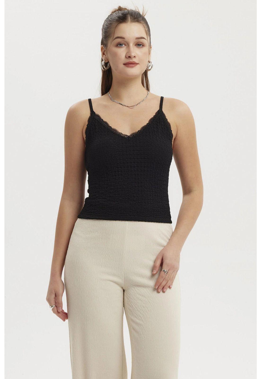 Peto Mujer Texturizado Encaje En Escote Negro-0