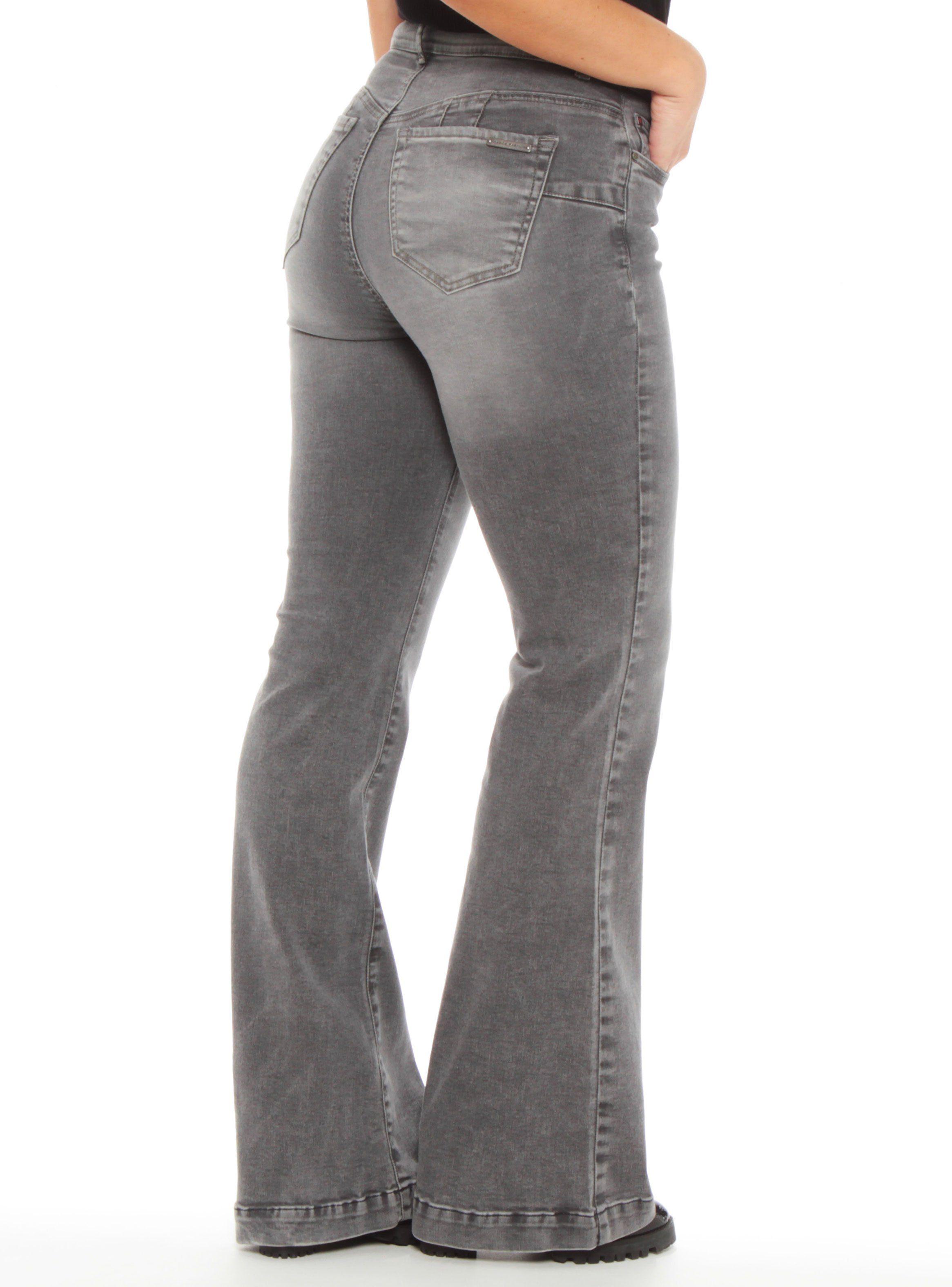 Jeans Flare Tiro Alto Pretina Básica 1 Botón Push Up-1