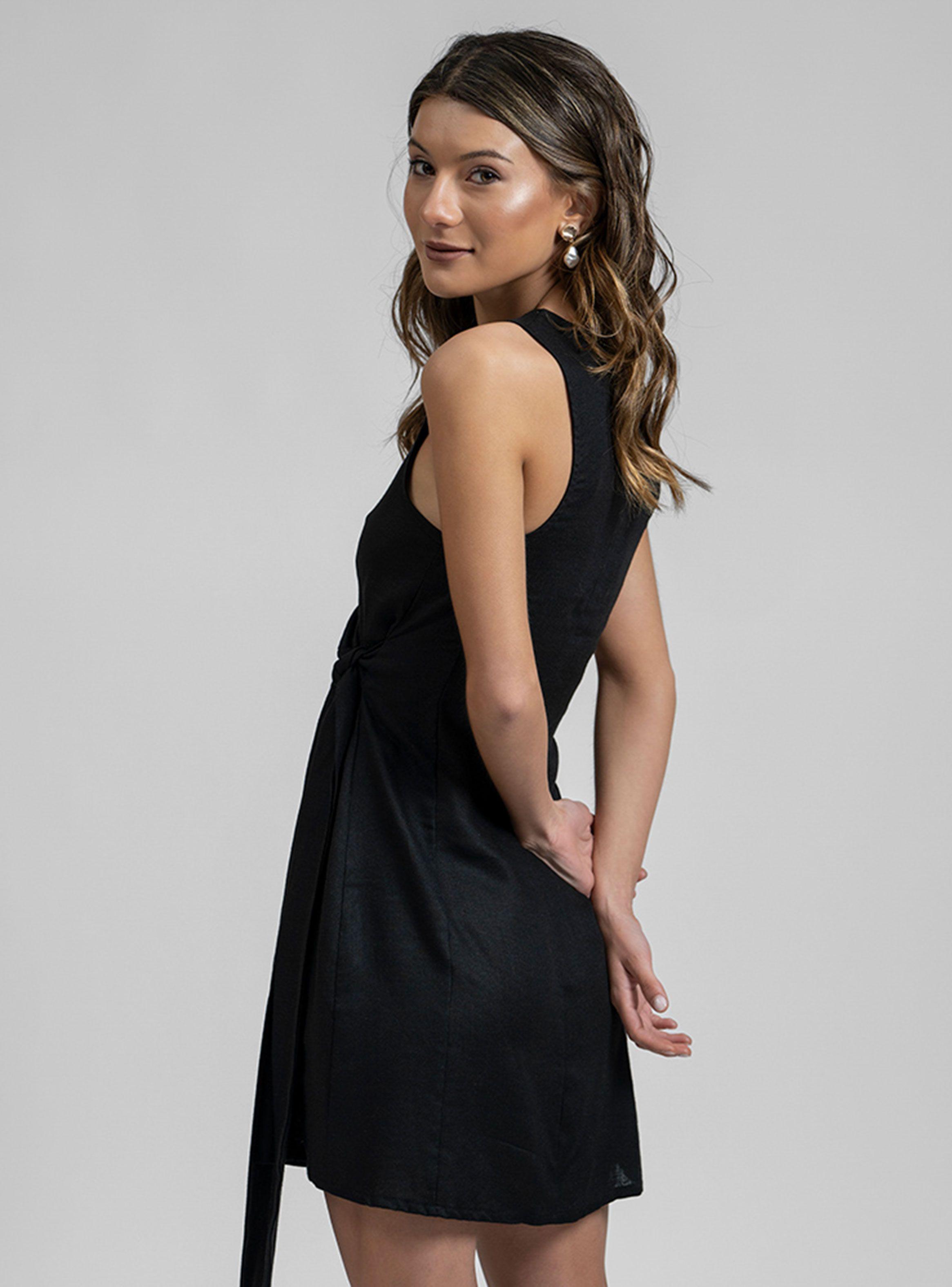 Vestido Isa Lino con Amarra Negro-1