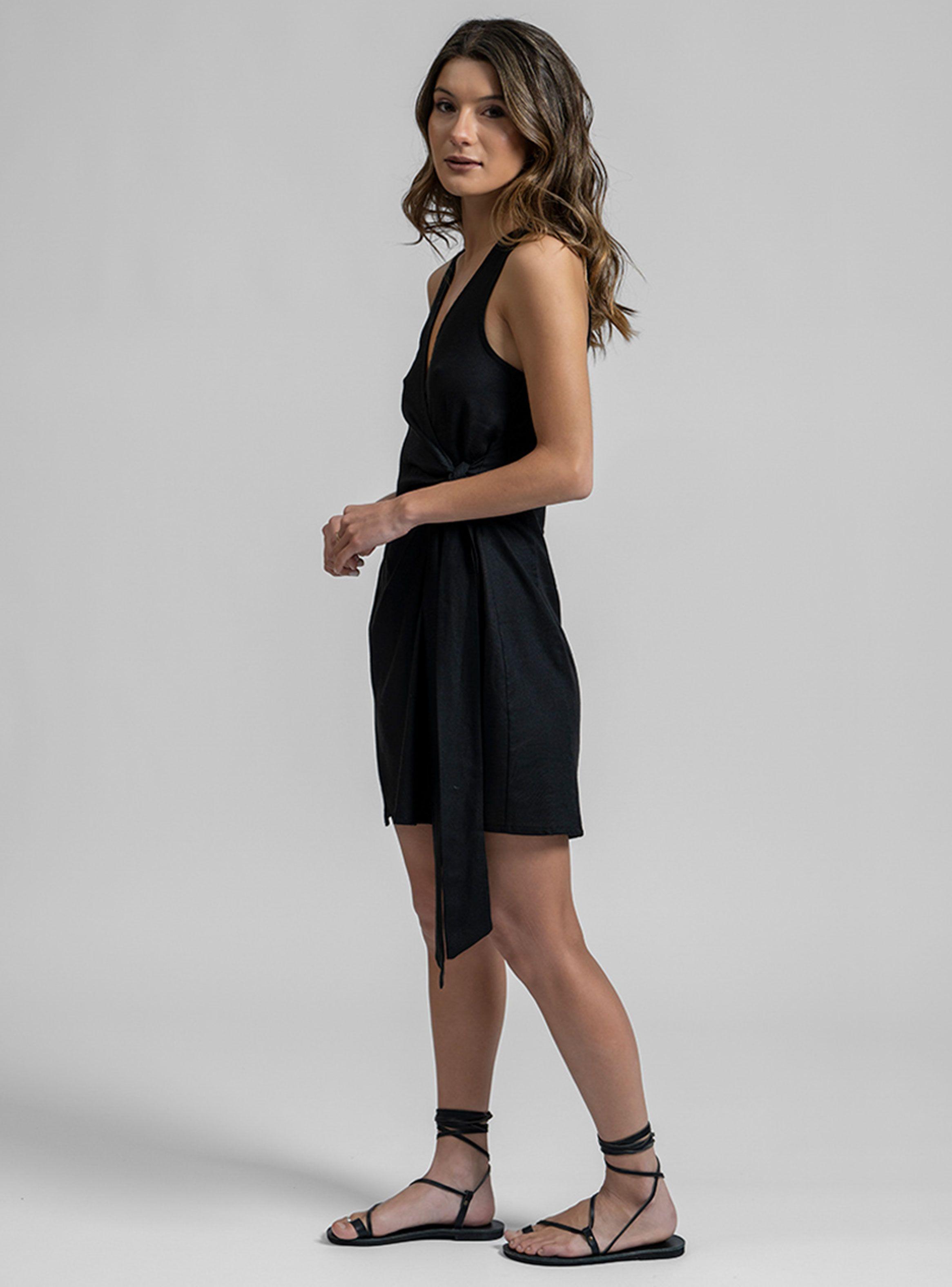 Vestido Isa Lino con Amarra Negro-3