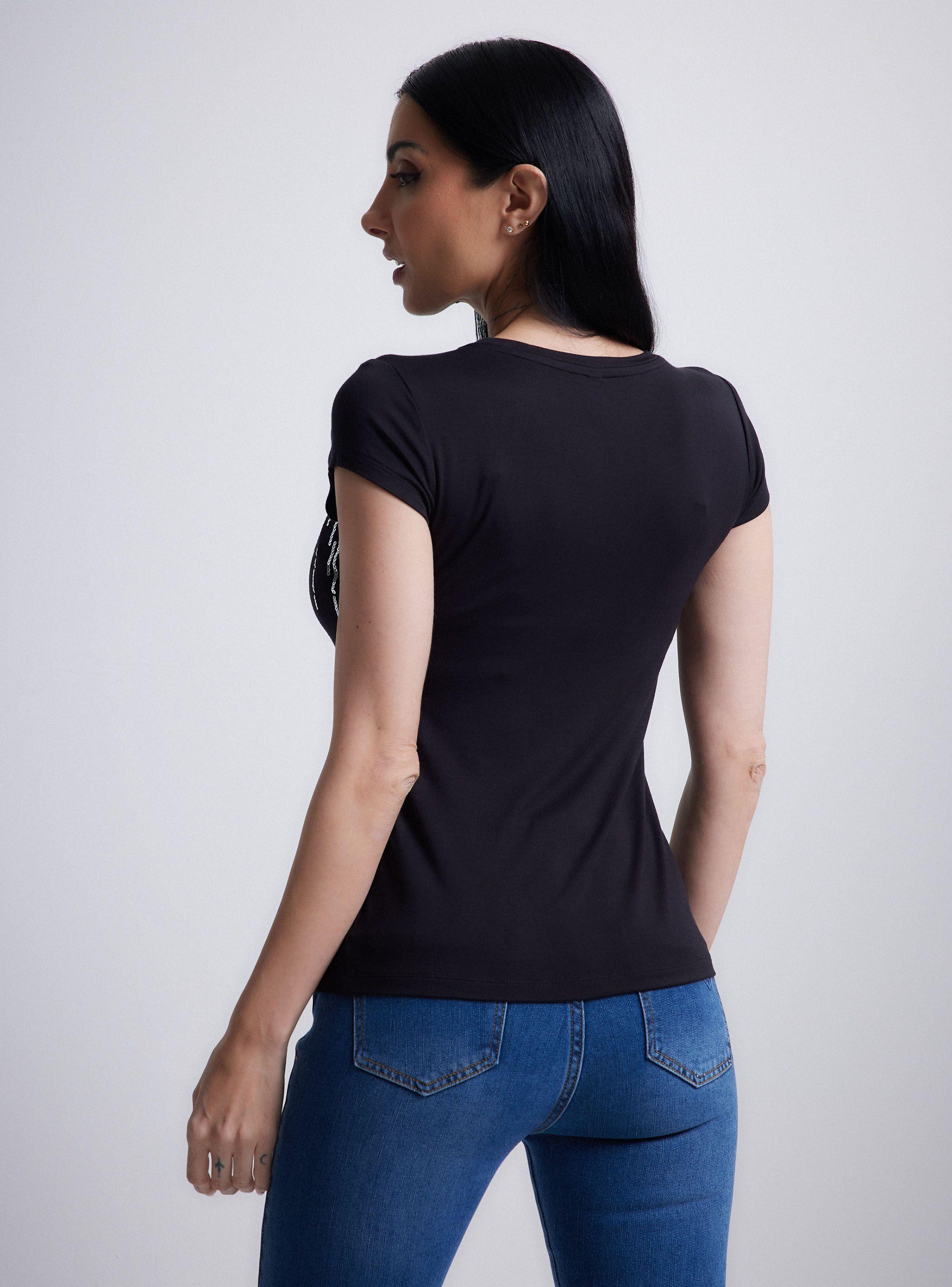 Polera Básica Escote Redondo Estampado Brillos-1