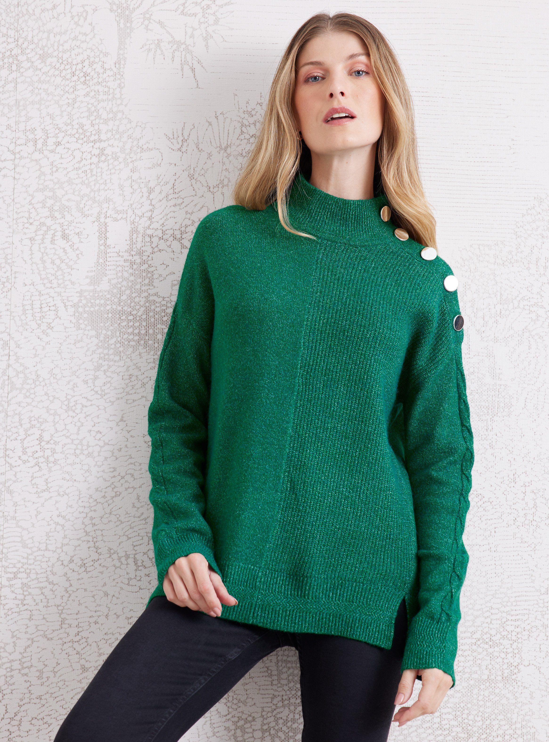 Sweater con Trenza en Mangas y Botones en Cuello-0