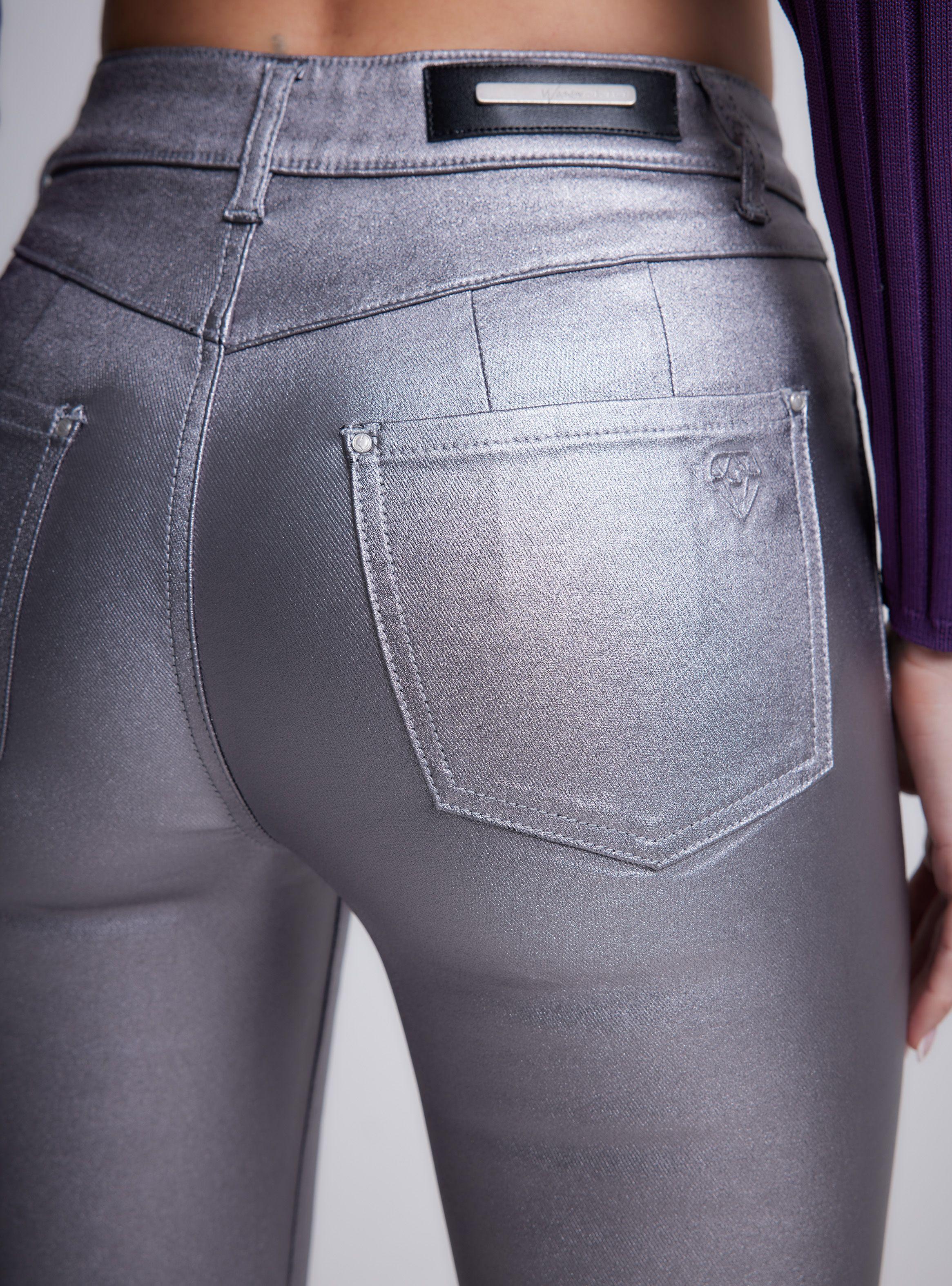 Jeans Plateado Engomado Corte Pierna Bolsillos con Cierre-3