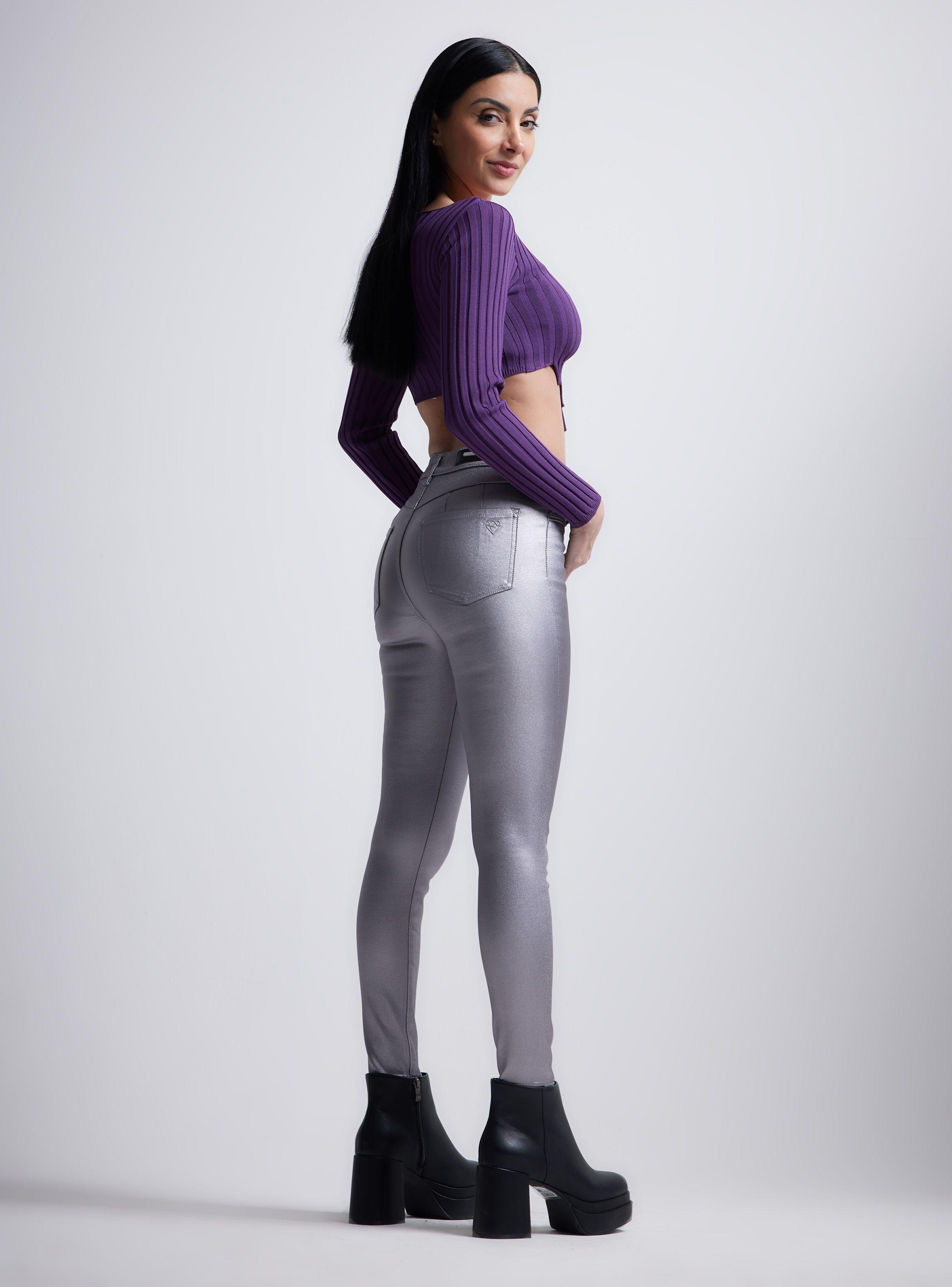 Jeans Plateado Engomado Corte Pierna Bolsillos con Cierre-5
