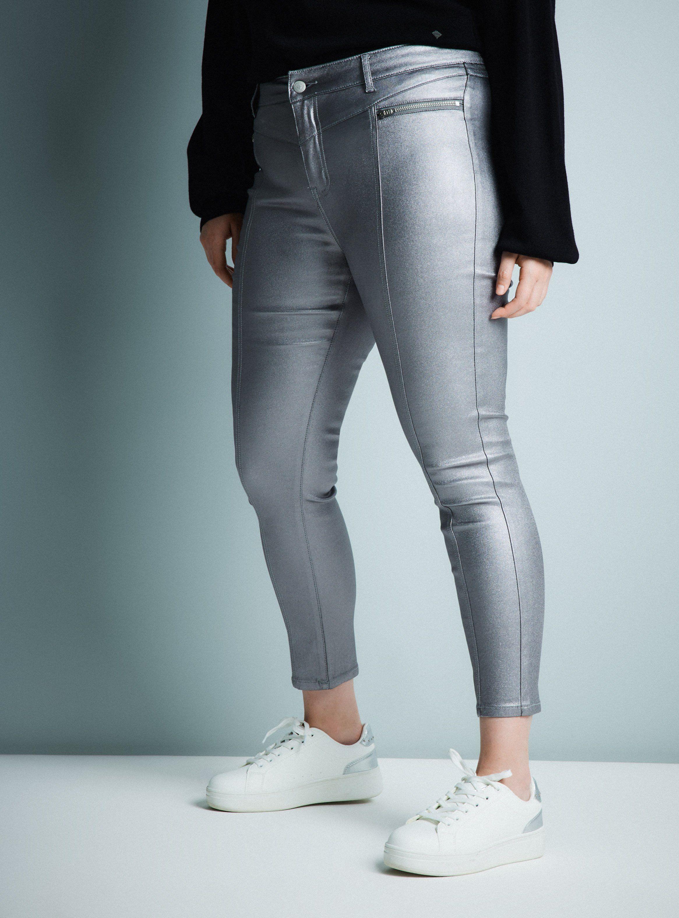 Jeans Plateado Engomado Corte Pierna Bolsillos con Cierre-6