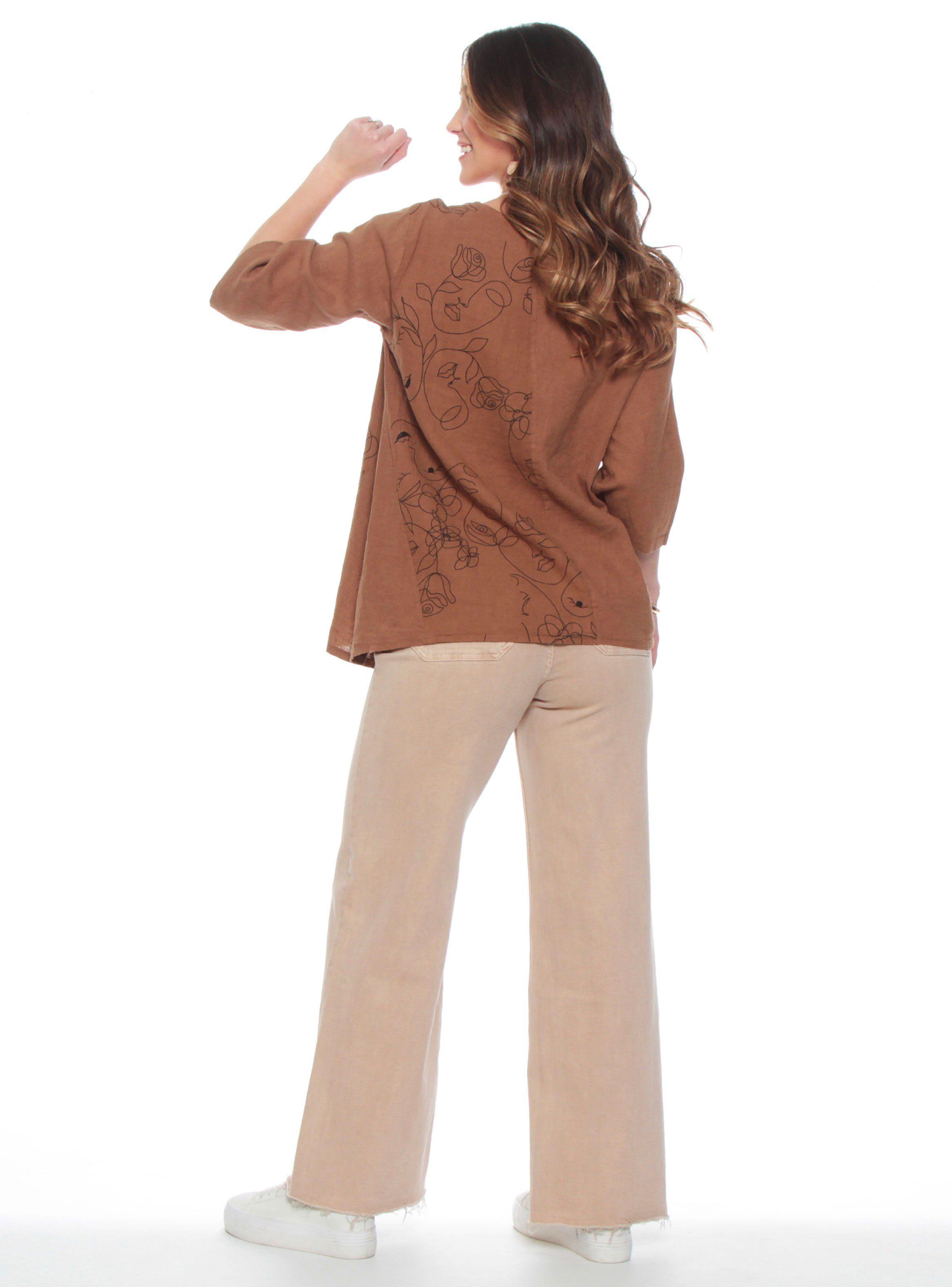 Blusa Manga 3/4 Sólida Escote Redondo con Bordado-4