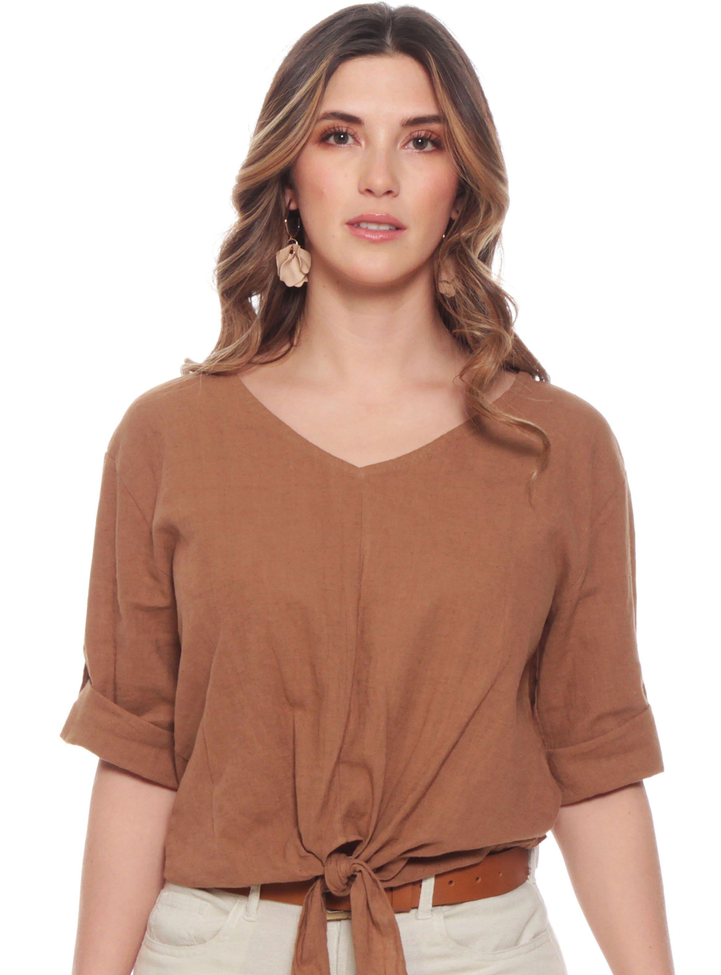 Blusa Manga Ajustable Lino Sólida Escote V Cintura Amarrada-0