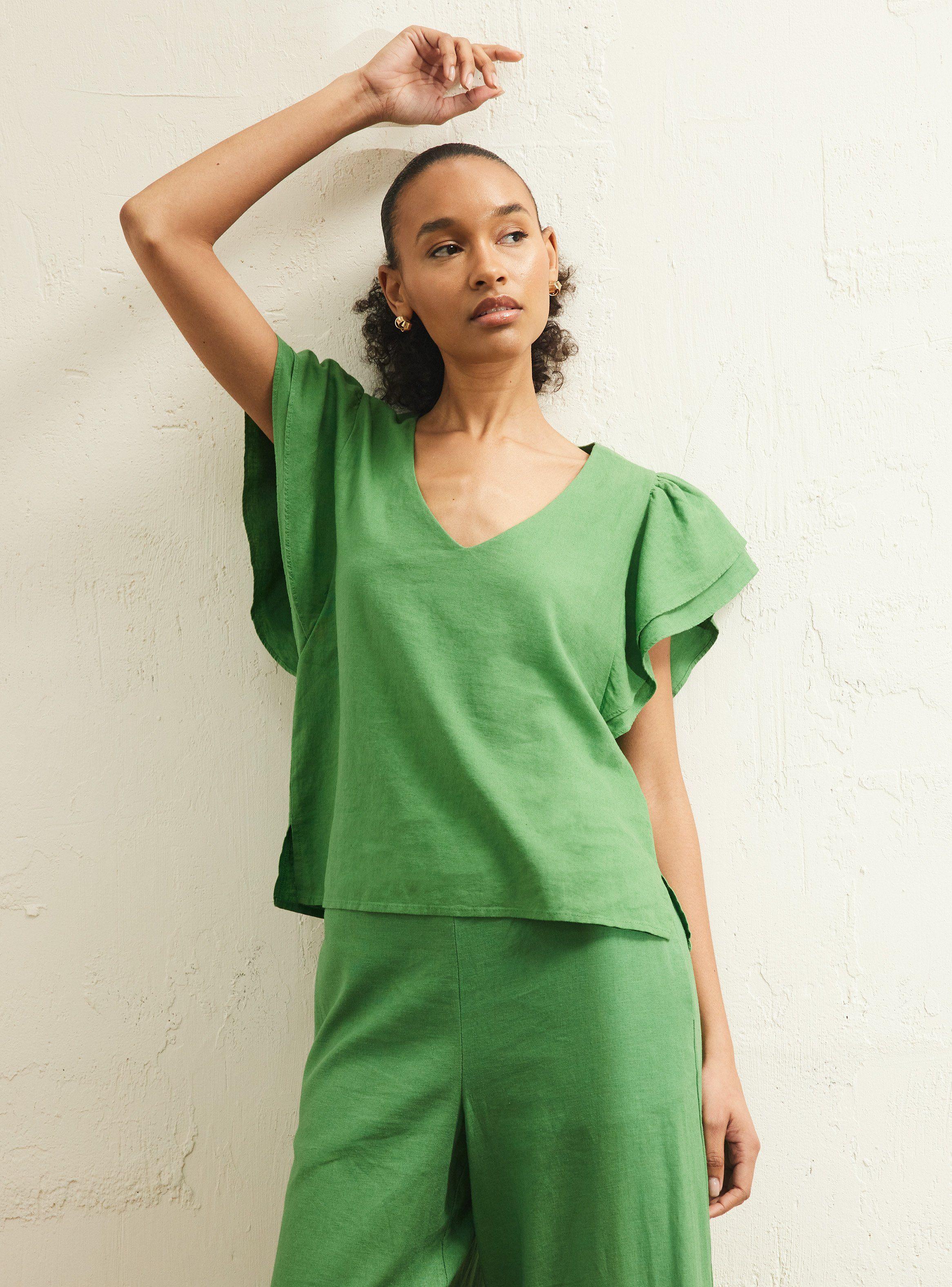 Blusa Cuello V Manga Vuelo con Lino-0