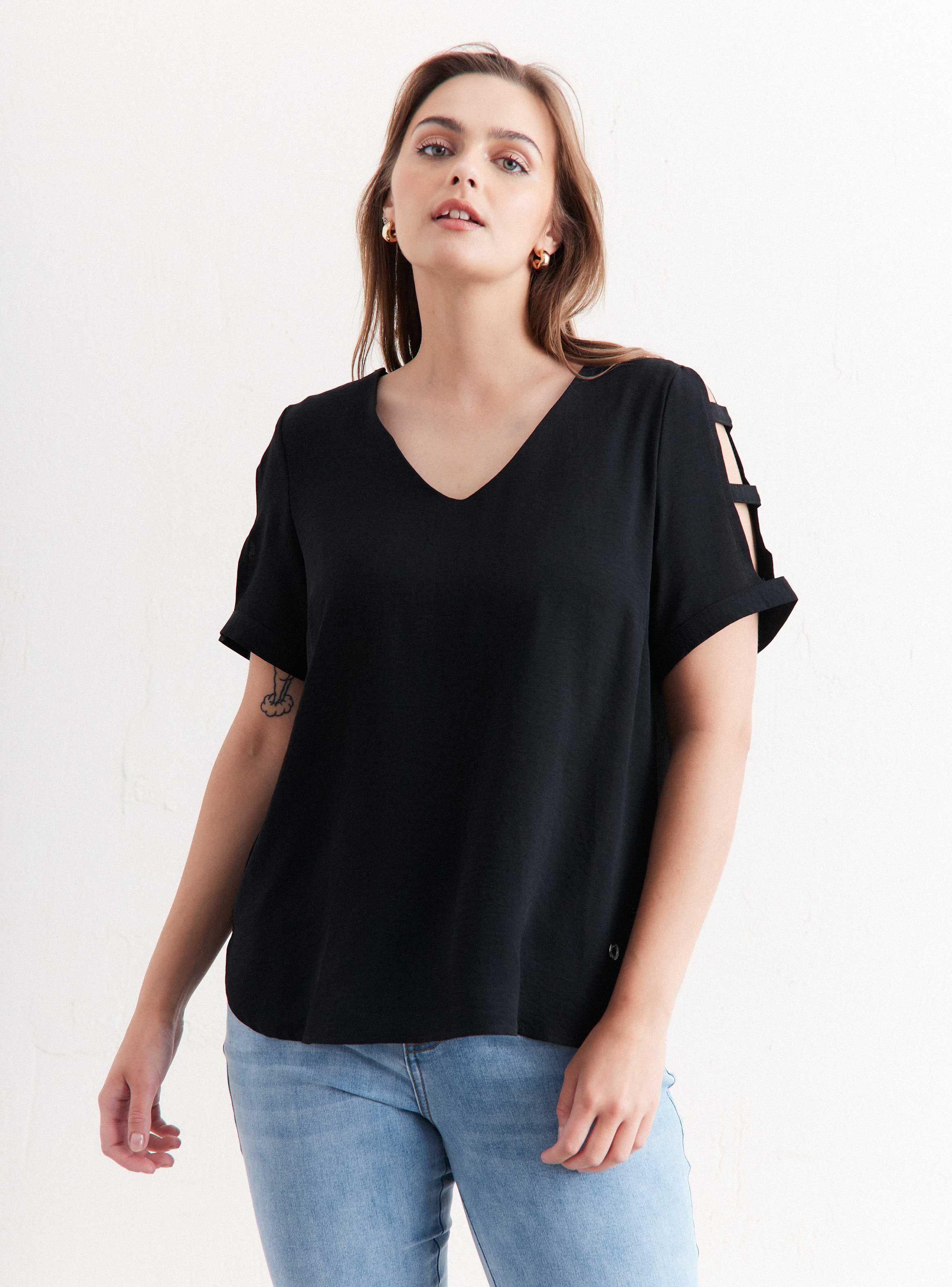 Blusa Cuello V con Tiritas en Mangas-0