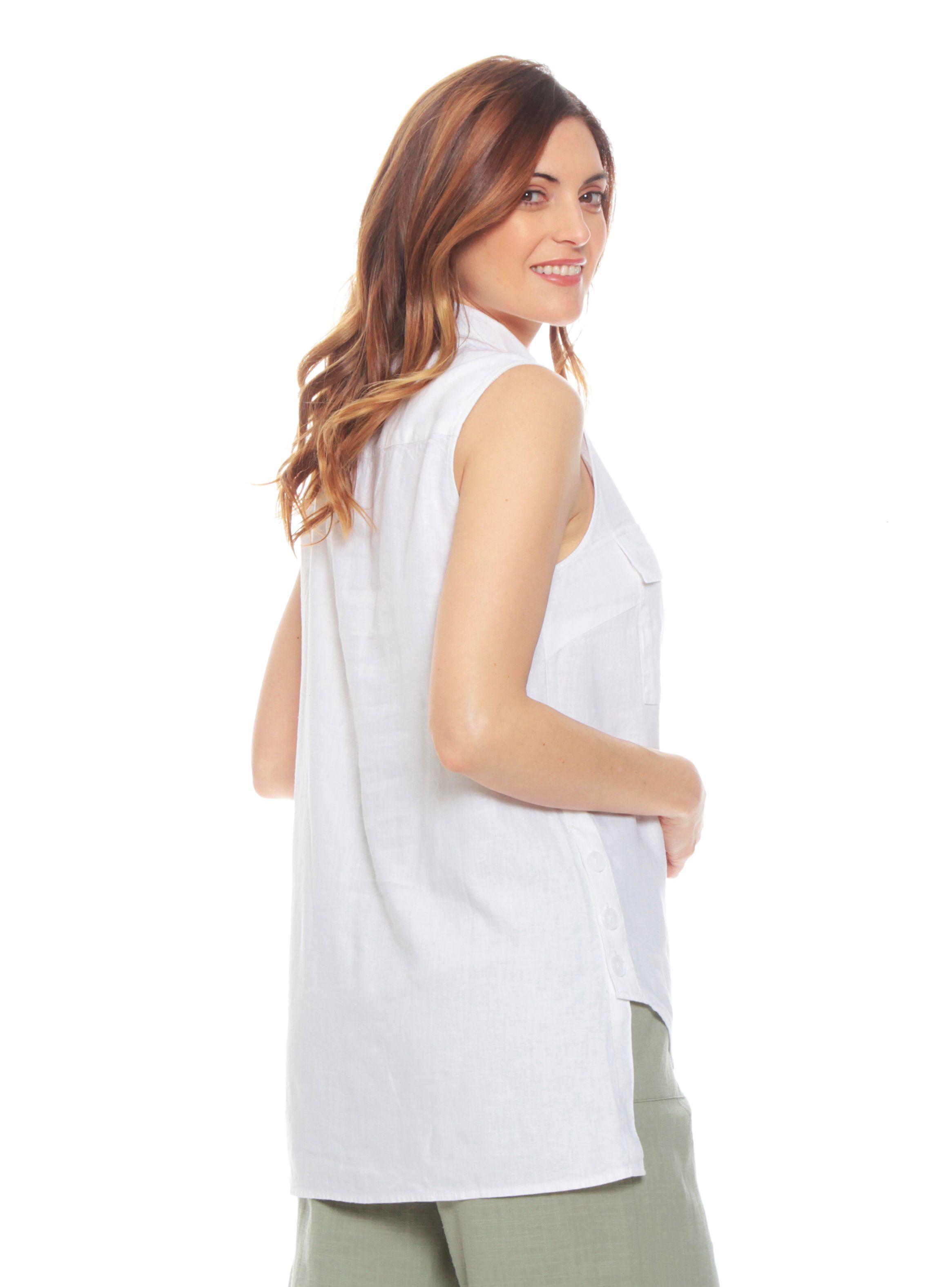 Blusa Lino sin Manga Sólida Cuello Camisero Bolsillos-1