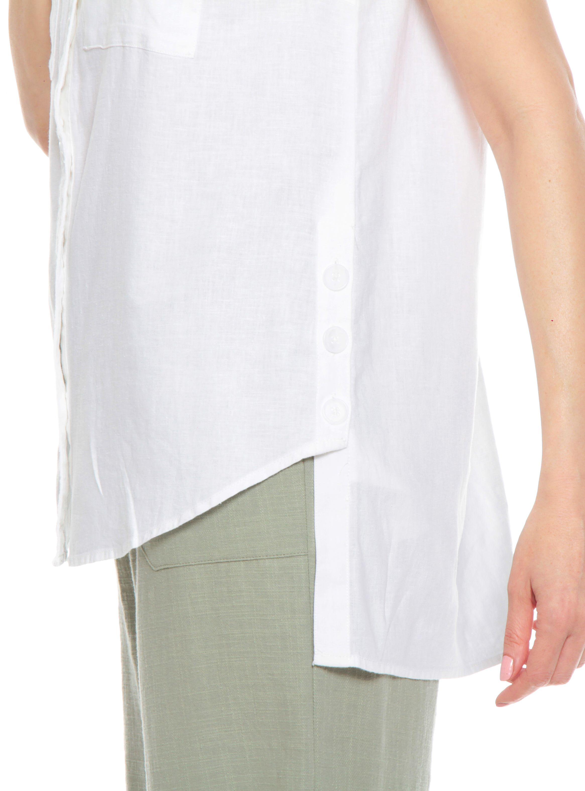 Blusa Lino sin Manga Sólida Cuello Camisero Bolsillos-2