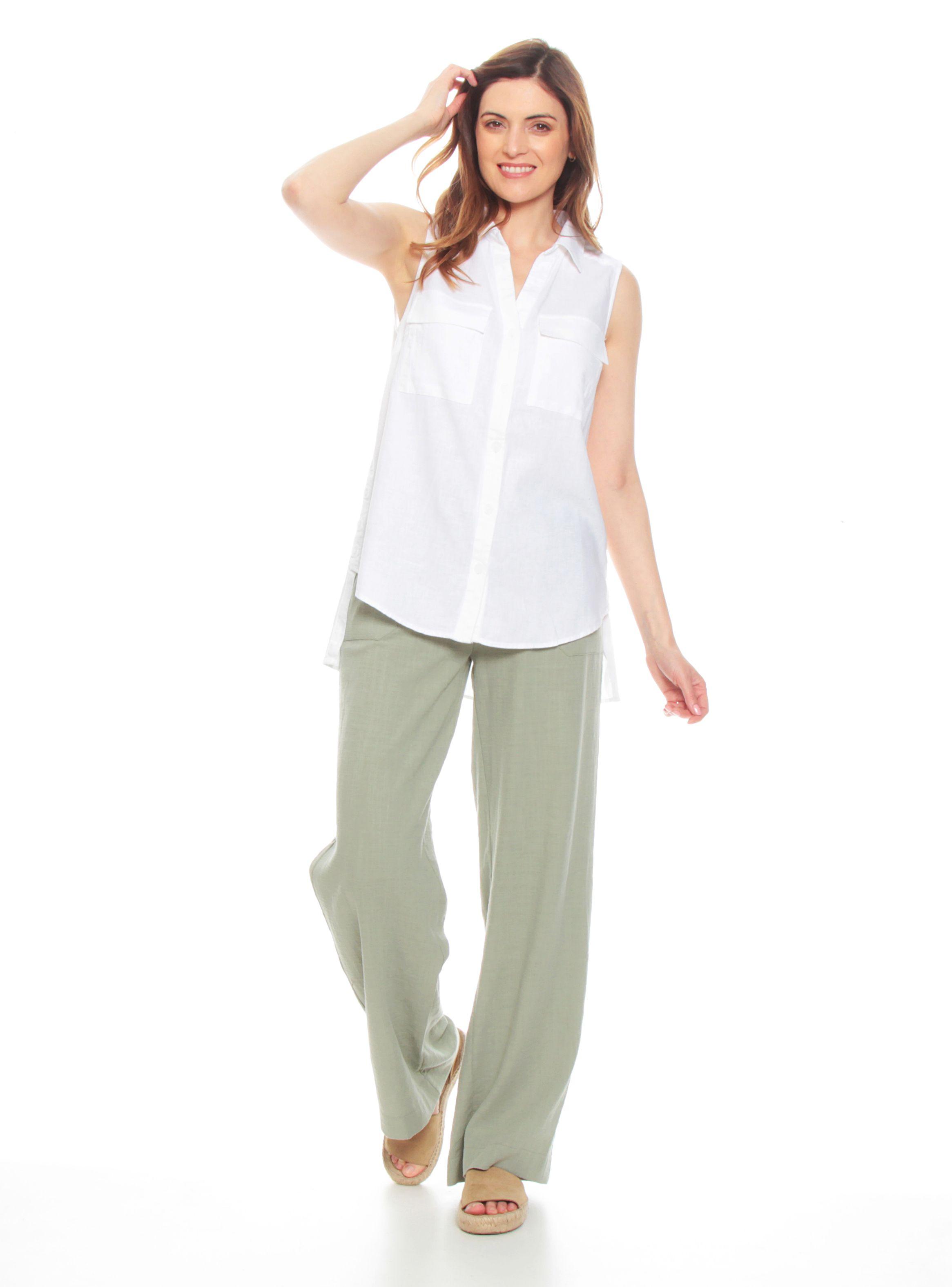 Blusa Lino sin Manga Sólida Cuello Camisero Bolsillos-3