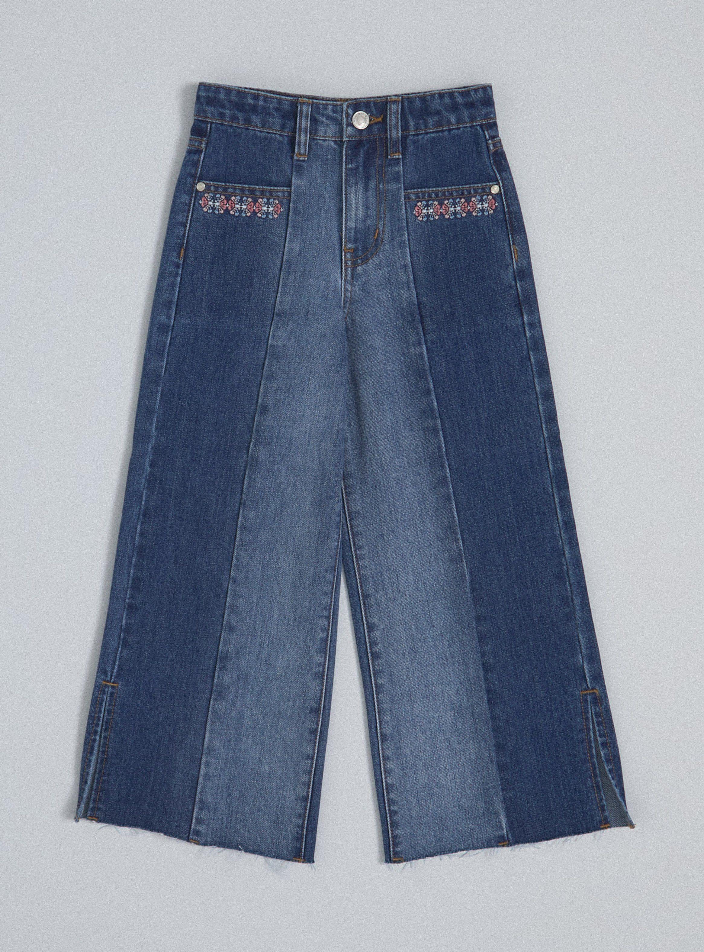 Jeans Paneles de Color con Bordado Pata Ancha-2