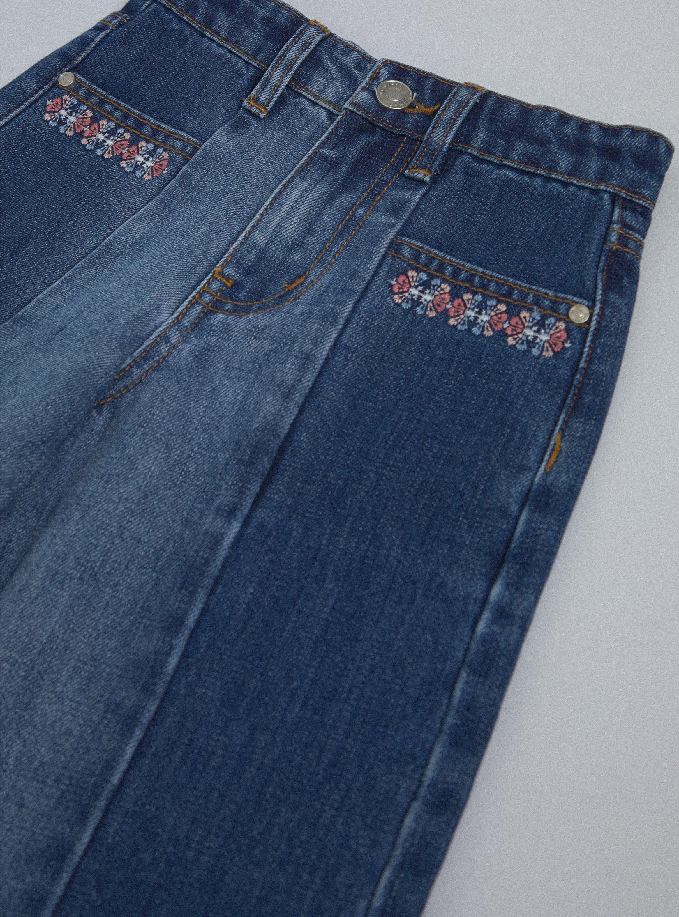 Jeans Paneles de Color con Bordado Pata Ancha-4