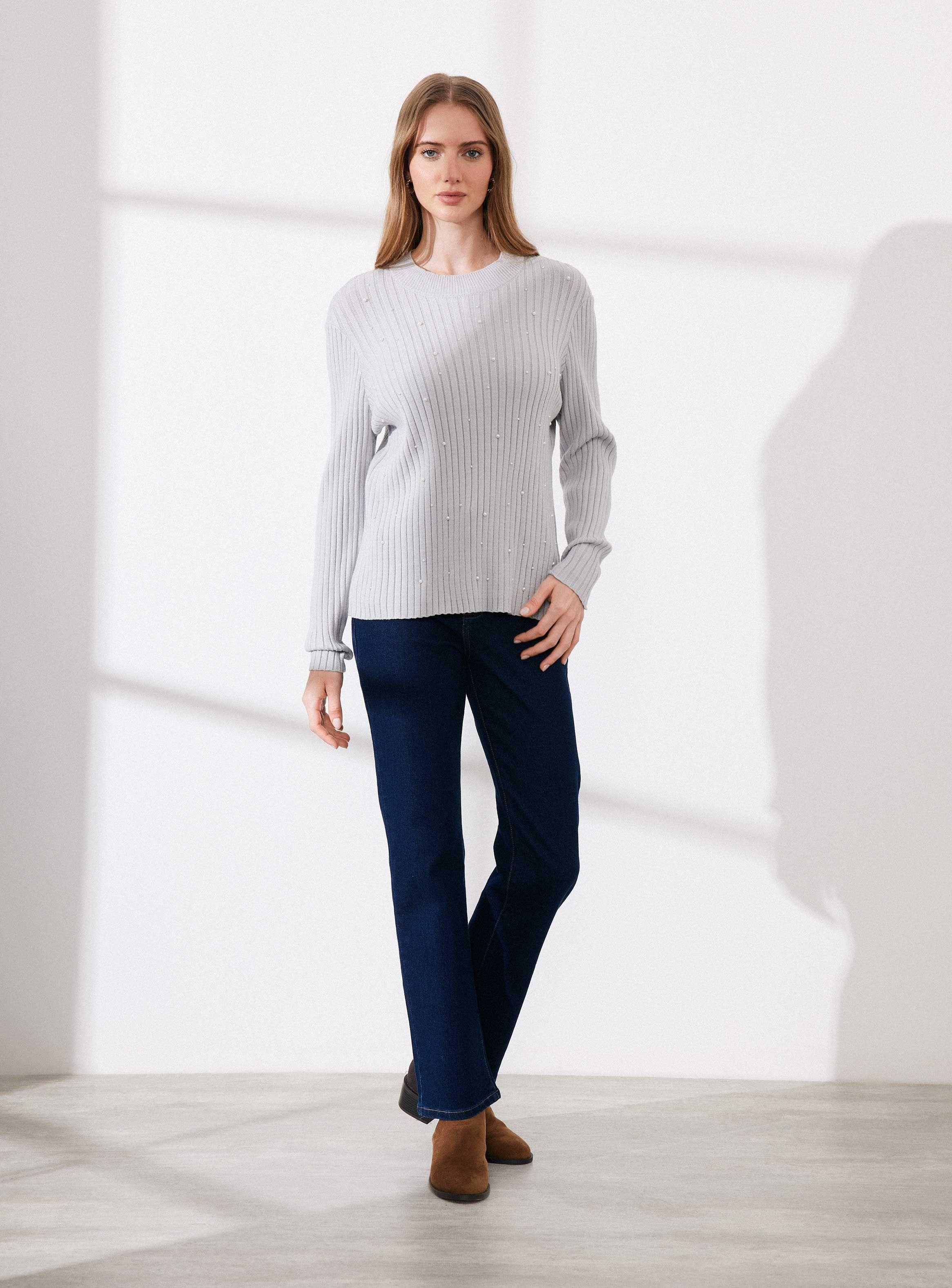 Sweater Tejido Acanalado con Perlas-4