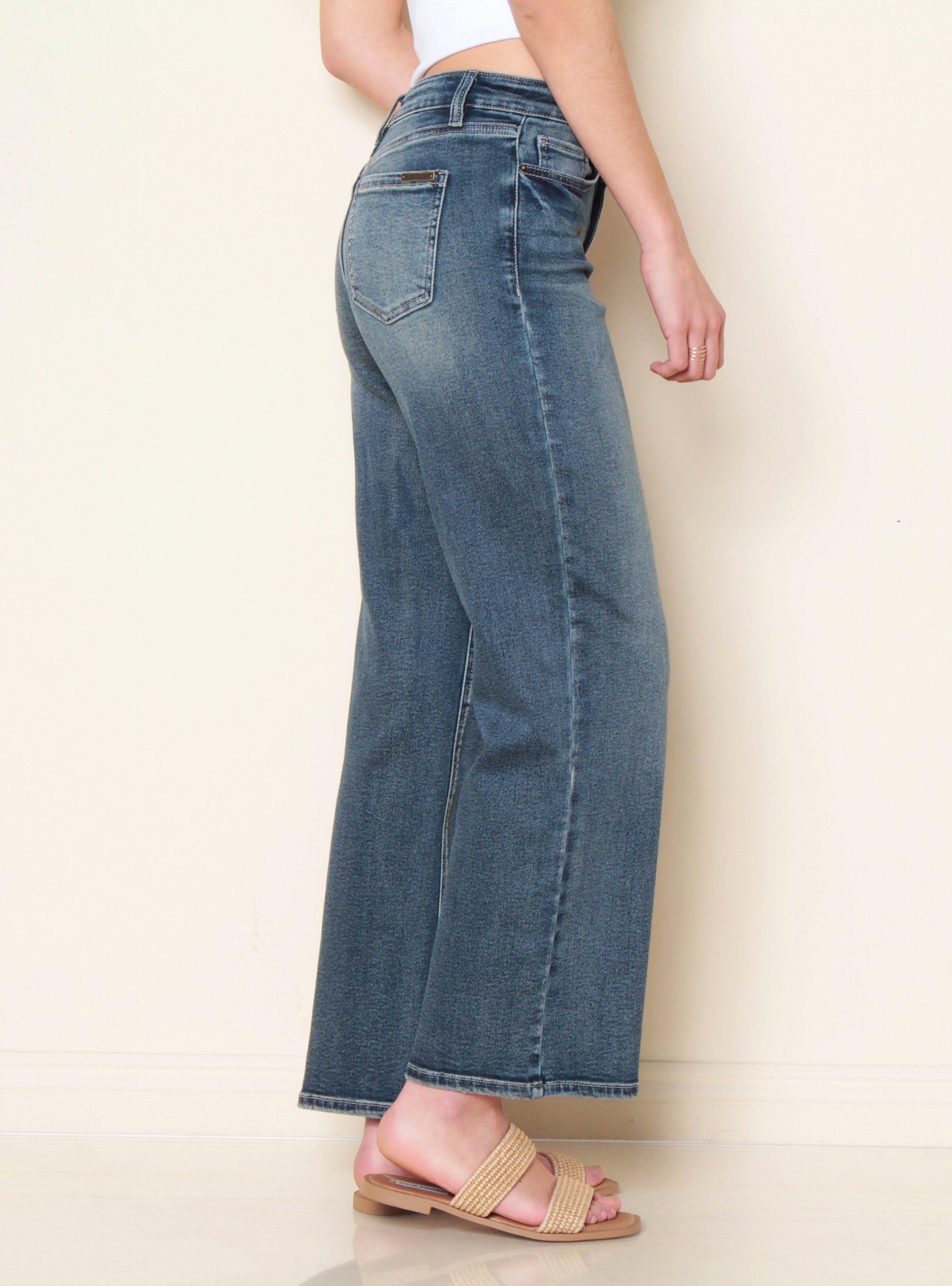 Jeans Wide Leg Tiro Bajo Pretina Básica 1 Botón-1