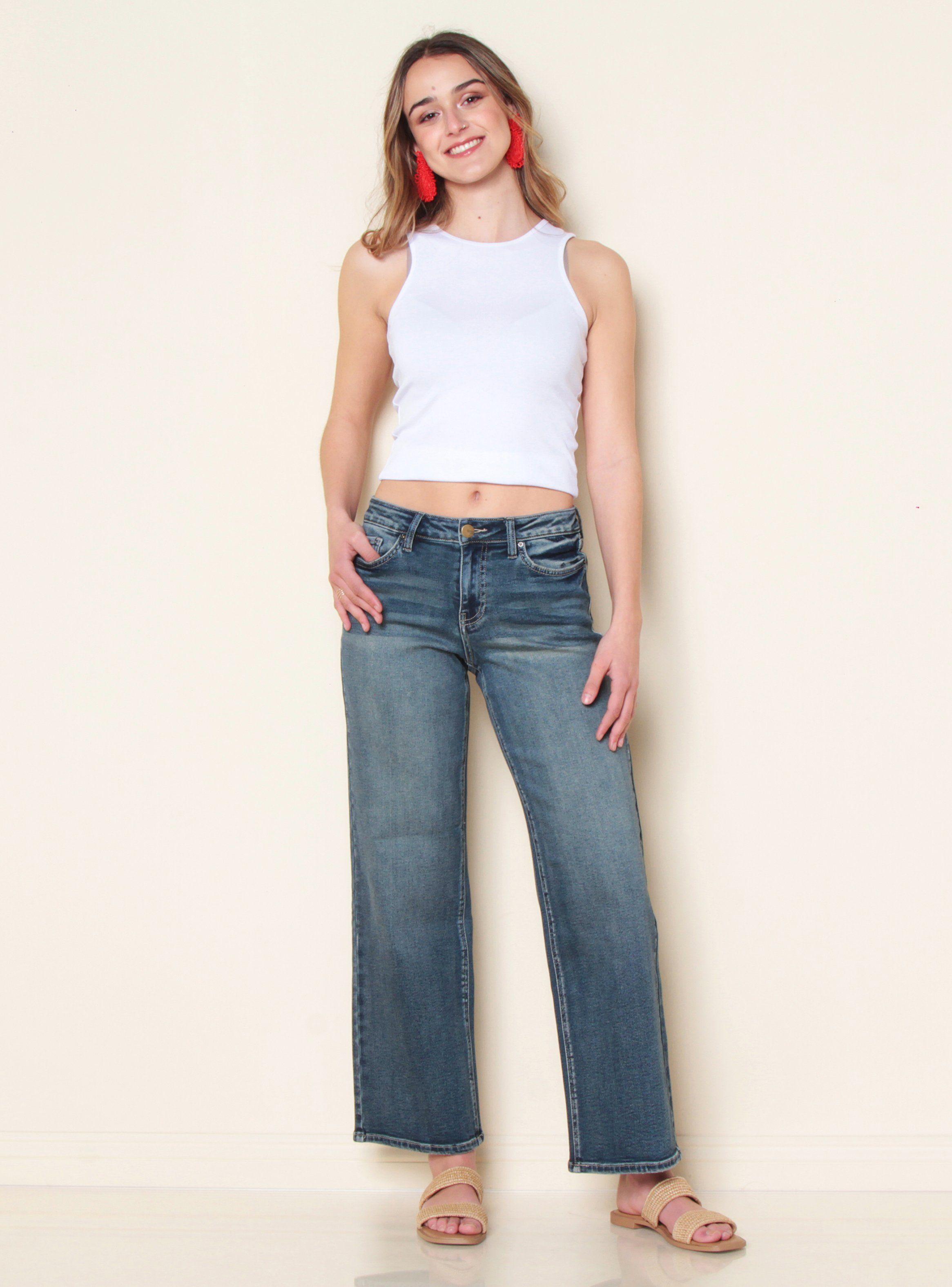 Jeans Wide Leg Tiro Bajo Pretina Básica 1 Botón-3