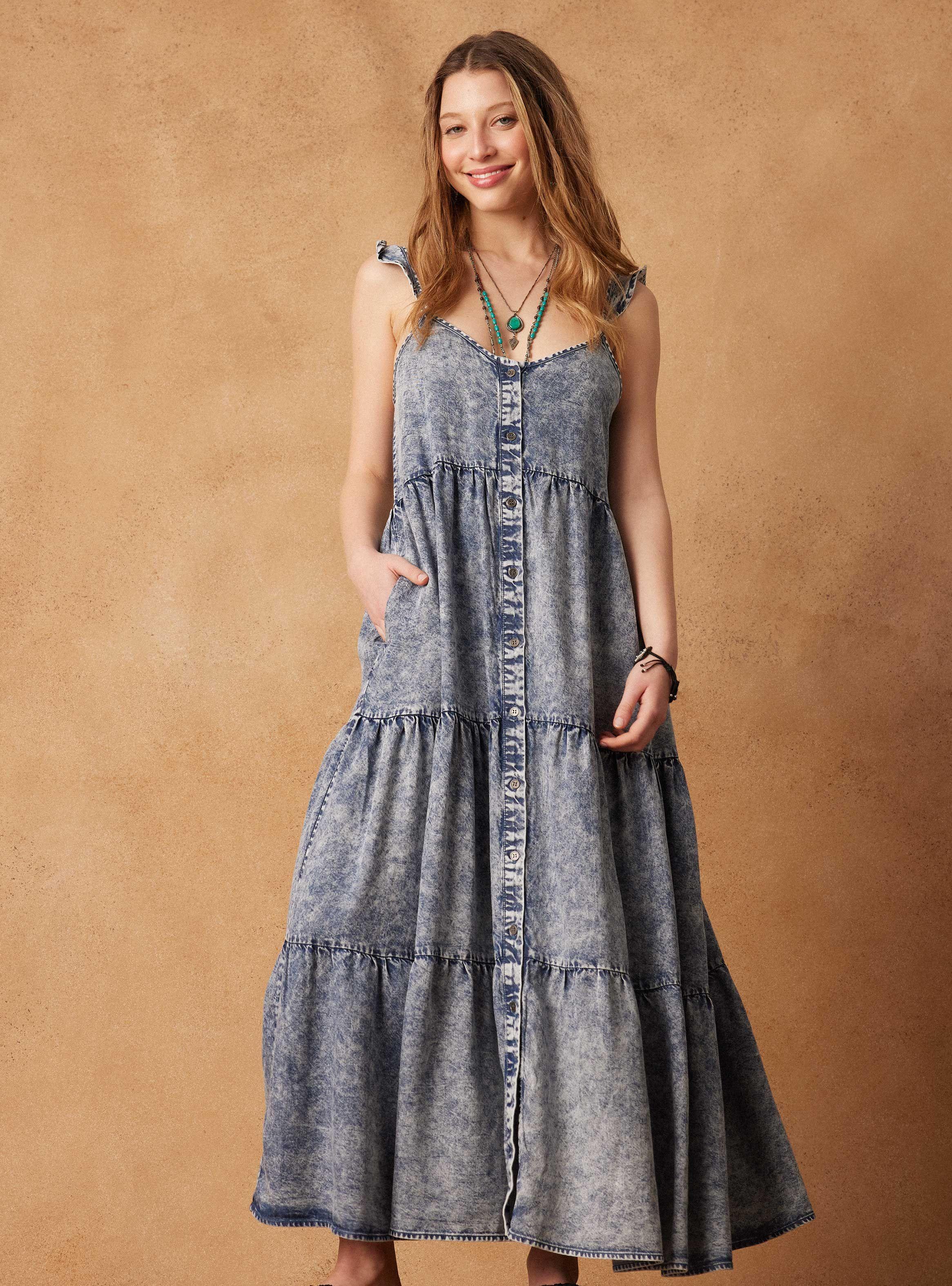 Vestido Look Denim con Cortes y Vuelos en Tirantes-0