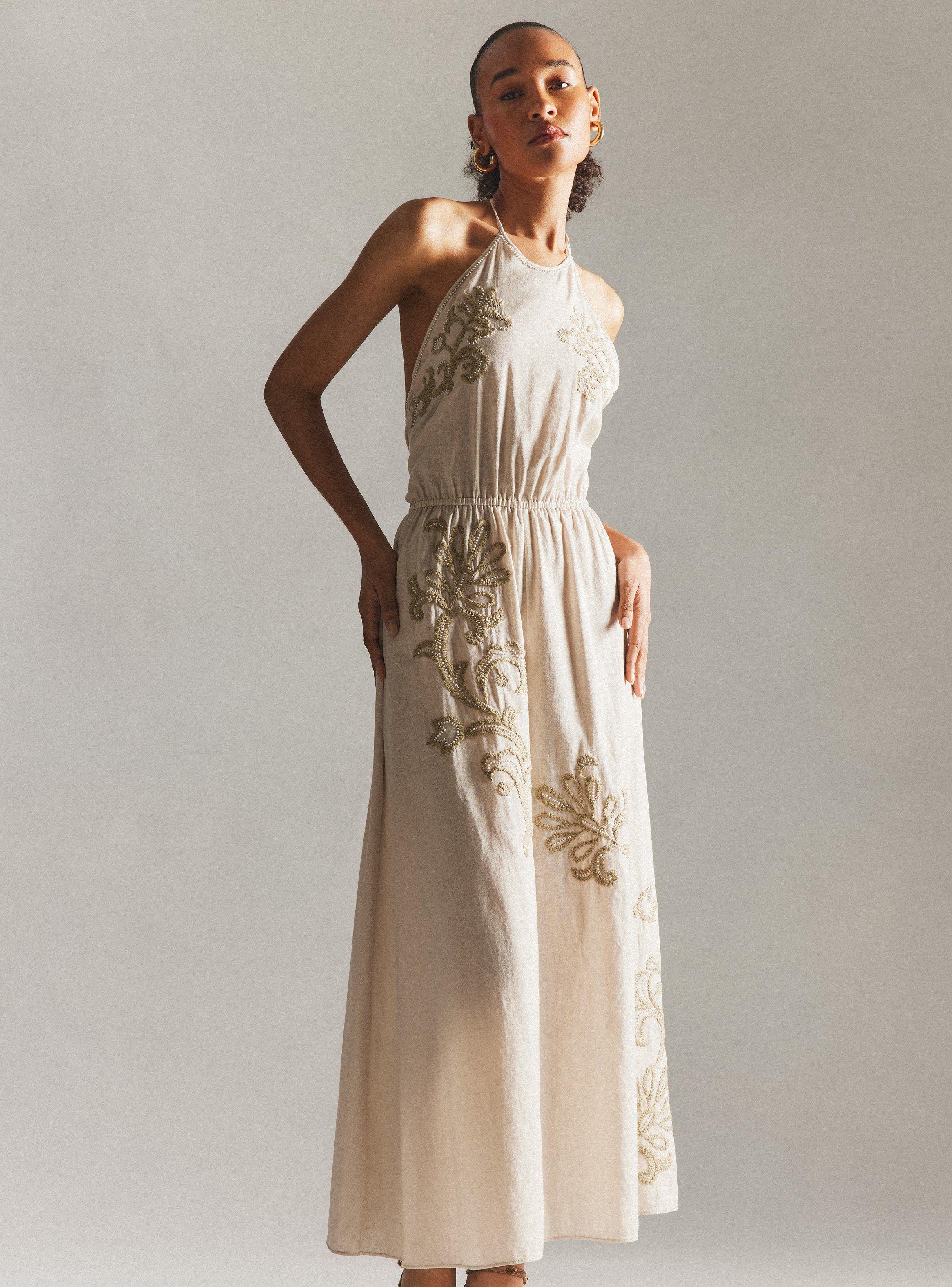 Vestido Bordado a Mano con Lino Hecho en India-0