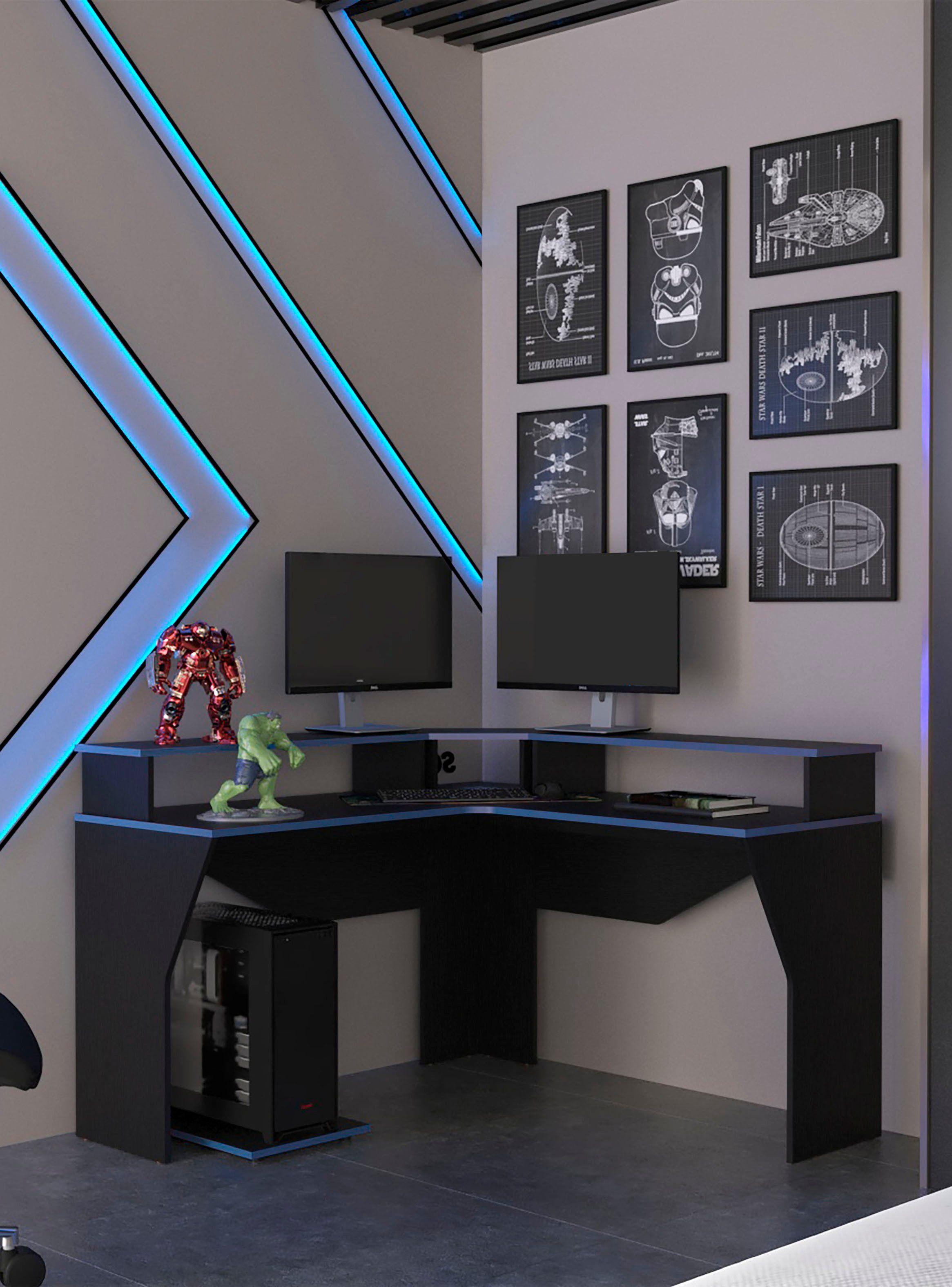 Escritorio Gamer en L Guma Wengue Canto Azul-5