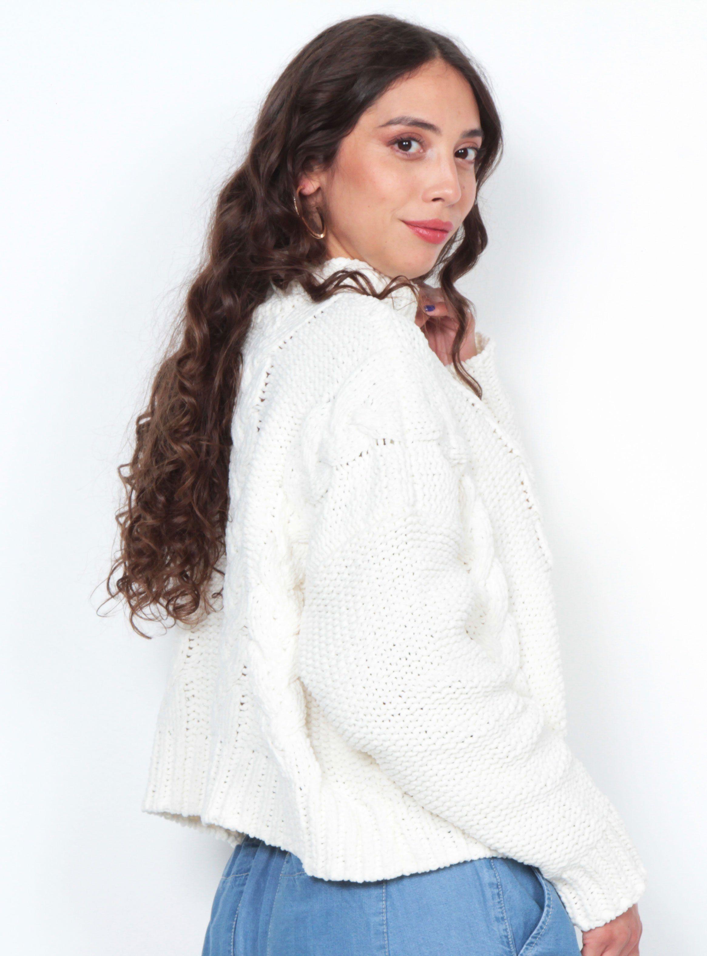 Sweater Sólido Trenzado Manga Larga Escote Redondo-1