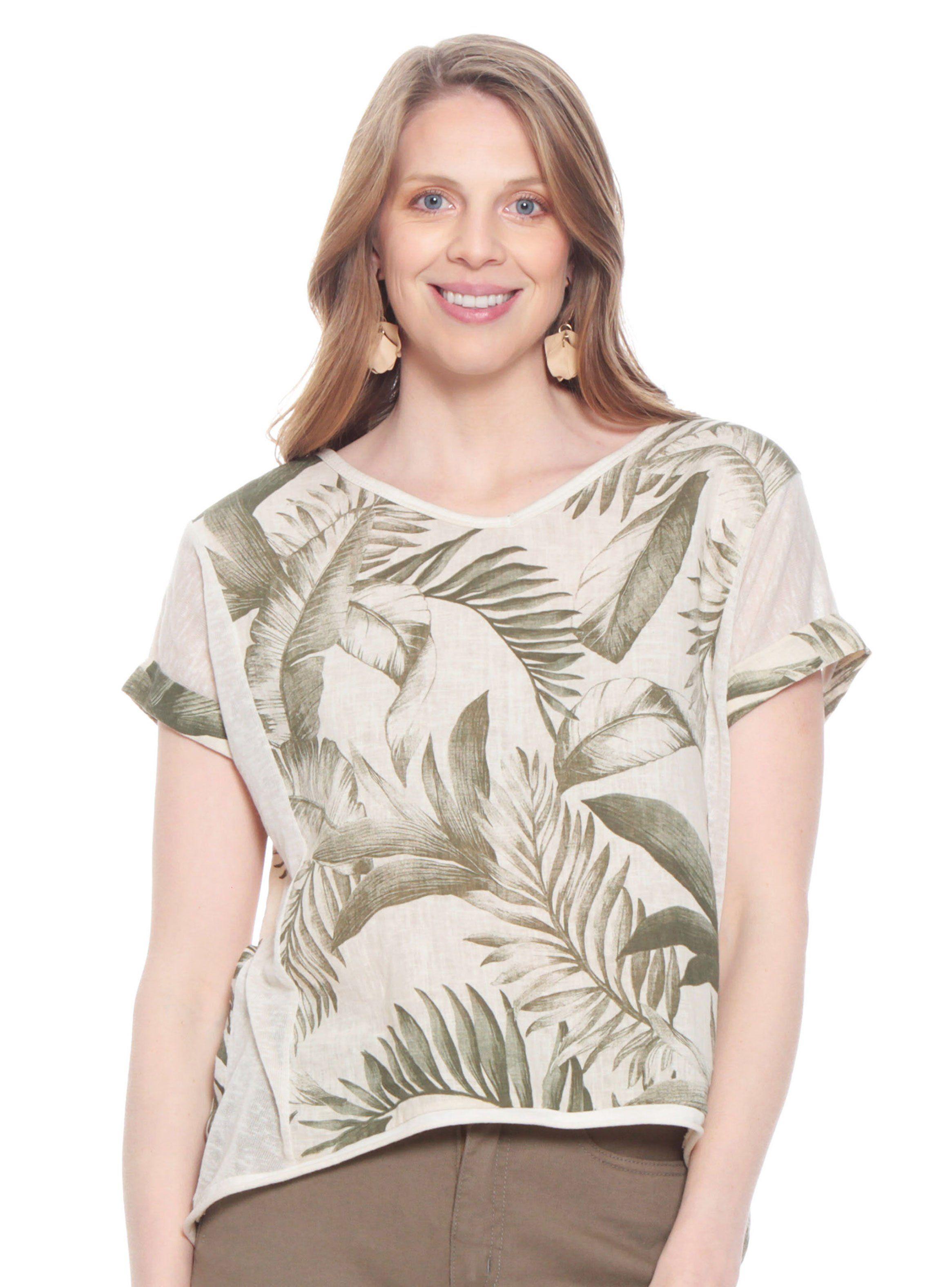 Blusa Manga Corta Lino Estampado Escote V-0