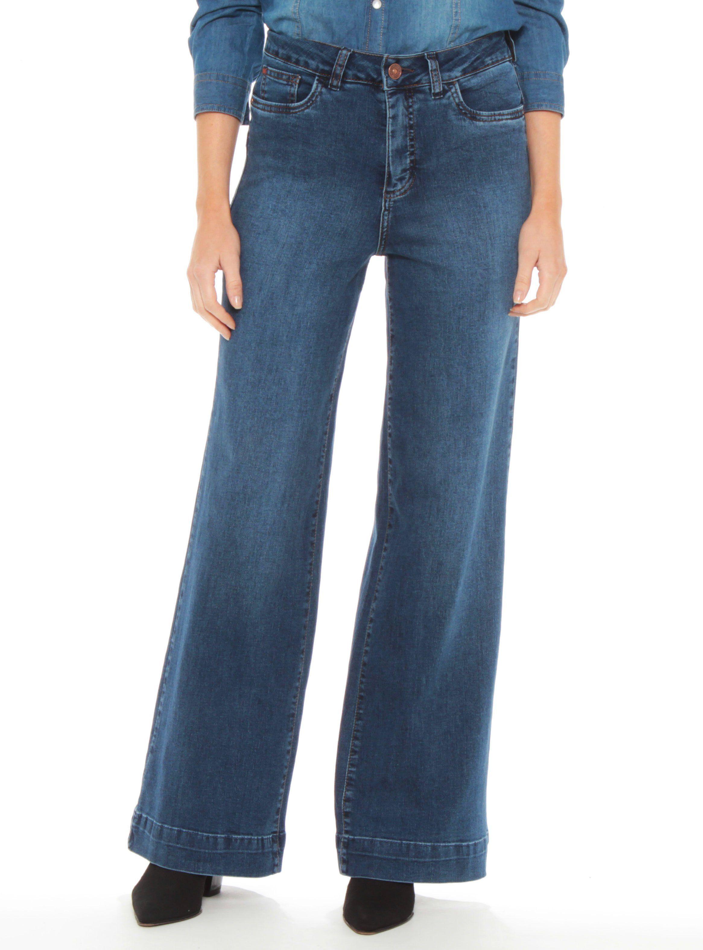 Jeans Wide Leg Tiro Alto Pretina Básica 1 Botón Push Up-0