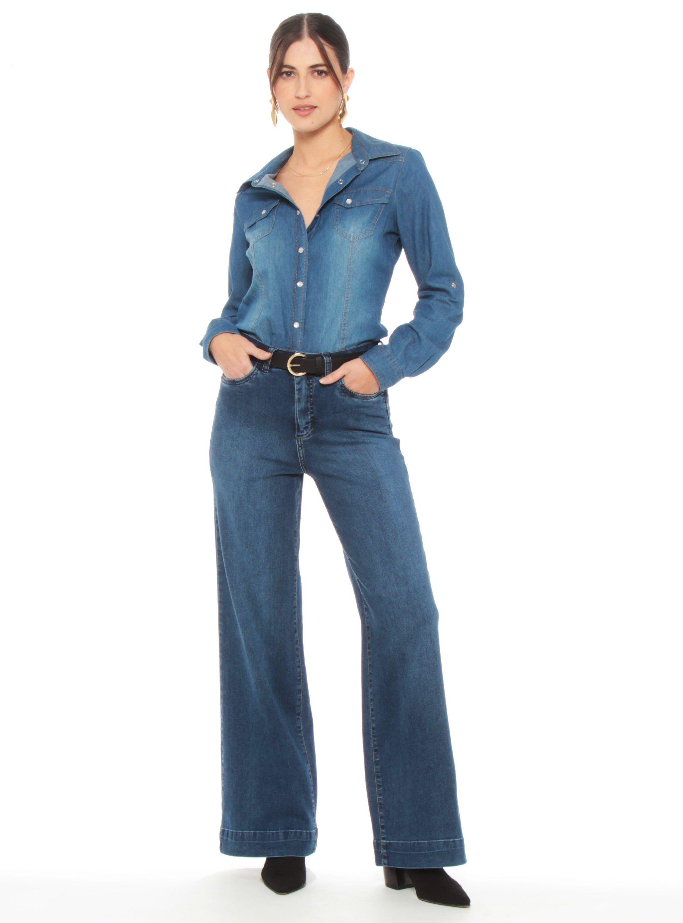 Jeans Wide Leg Tiro Alto Pretina Básica 1 Botón Push Up-4