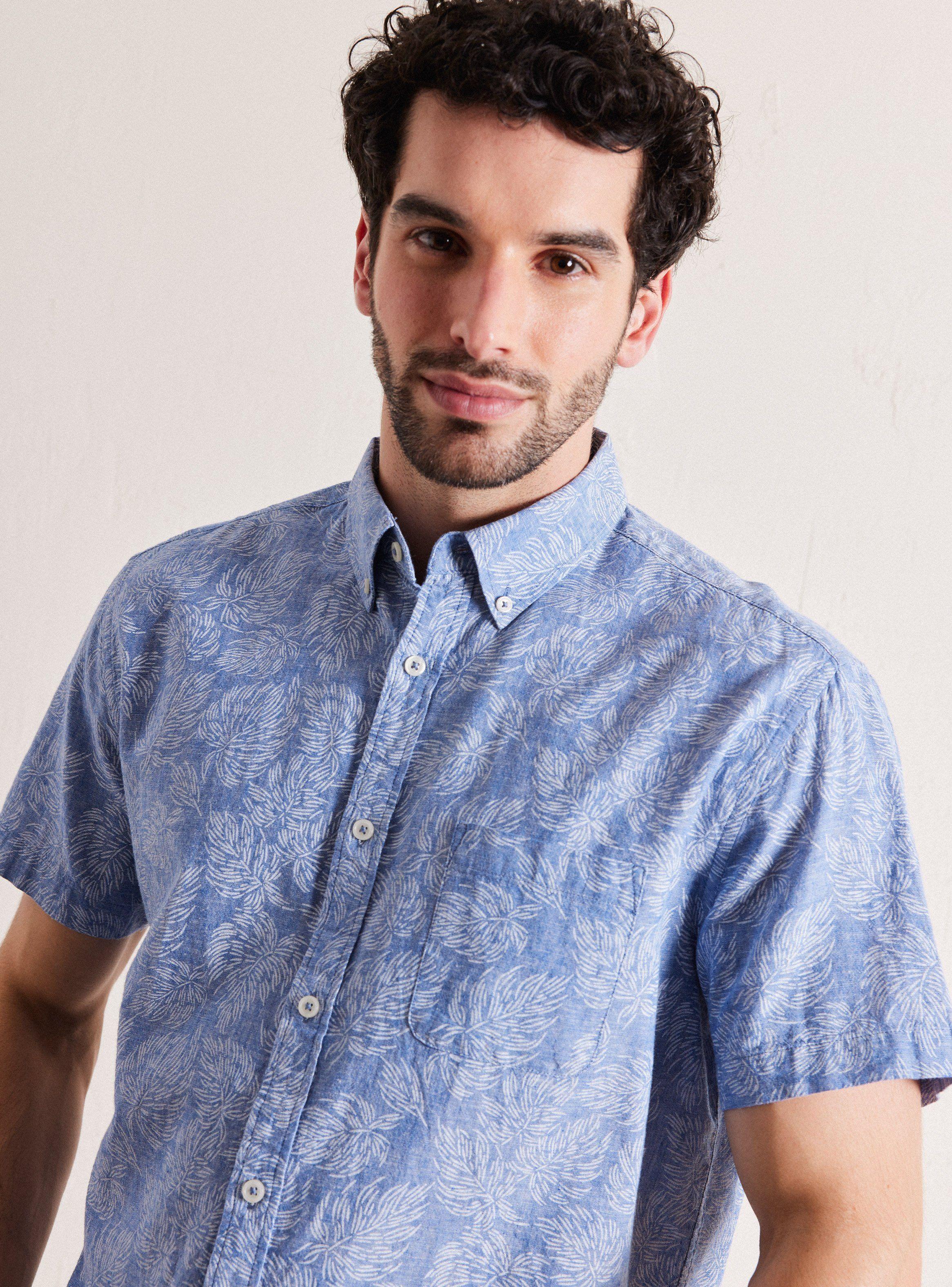 Camisa de Vestir Manga Corta Lino Algodón Diseño Hojas-2