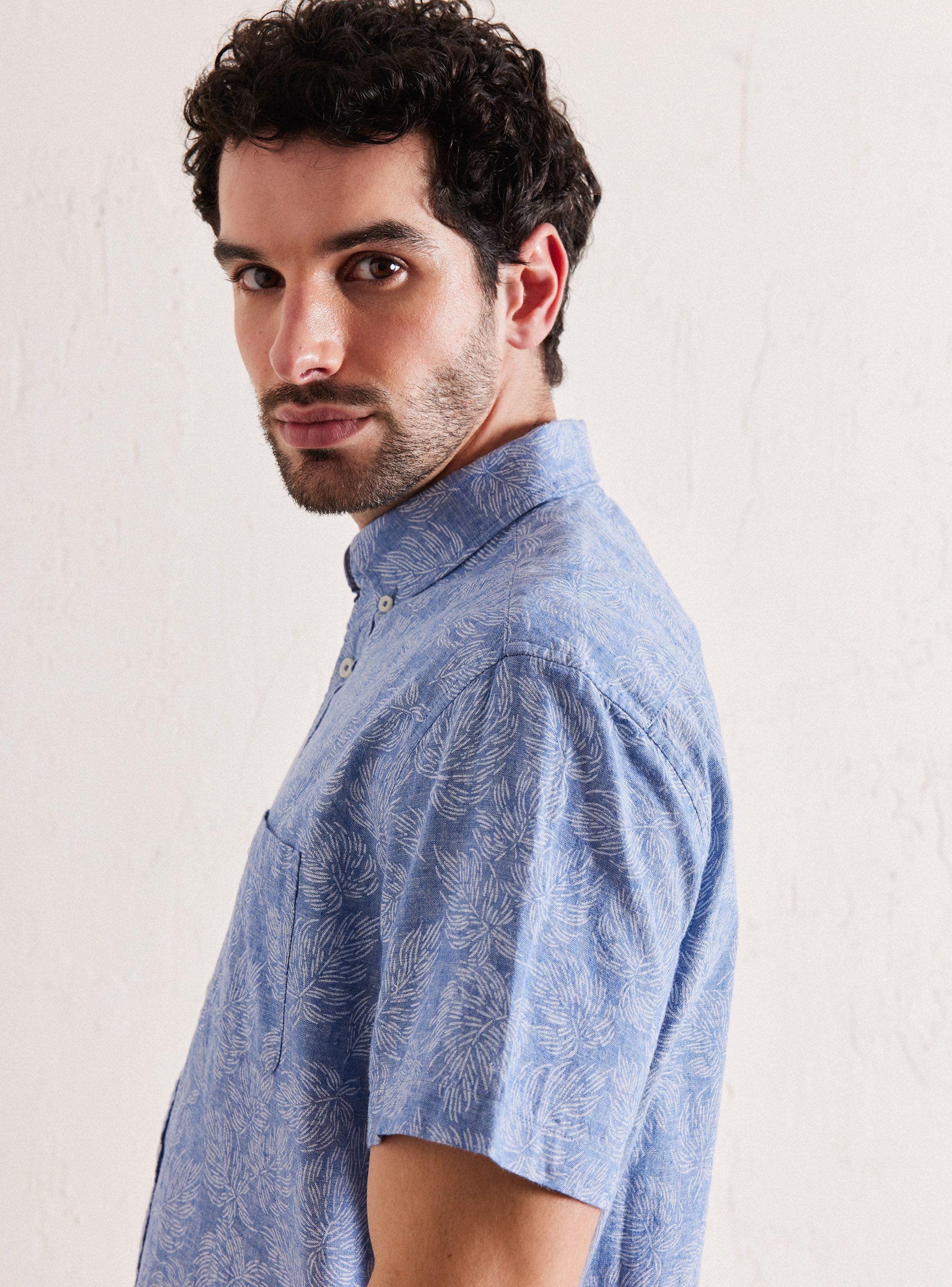 Camisa de Vestir Manga Corta Lino Algodón Diseño Hojas-3