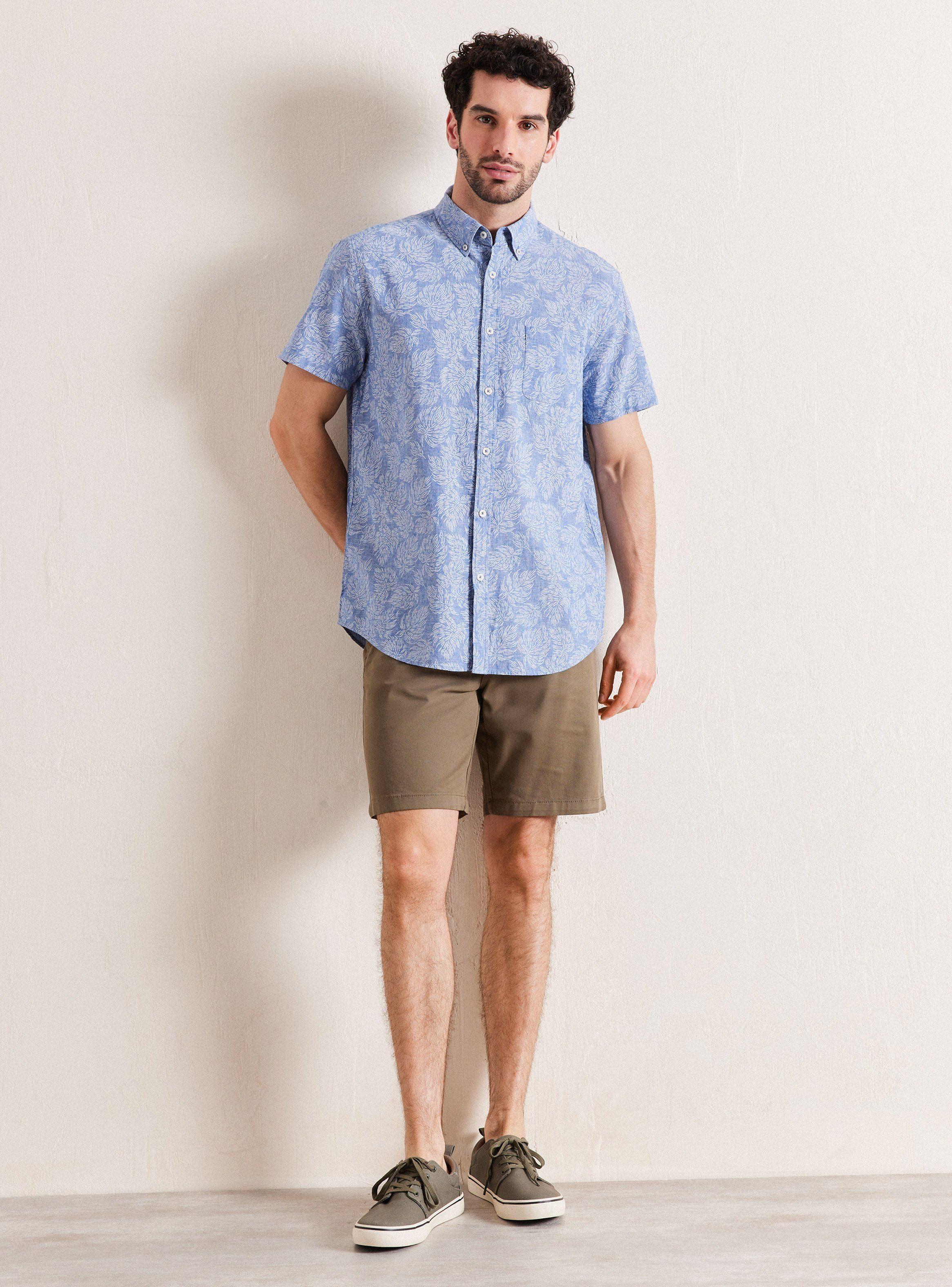 Camisa de Vestir Manga Corta Lino Algodón Diseño Hojas-4