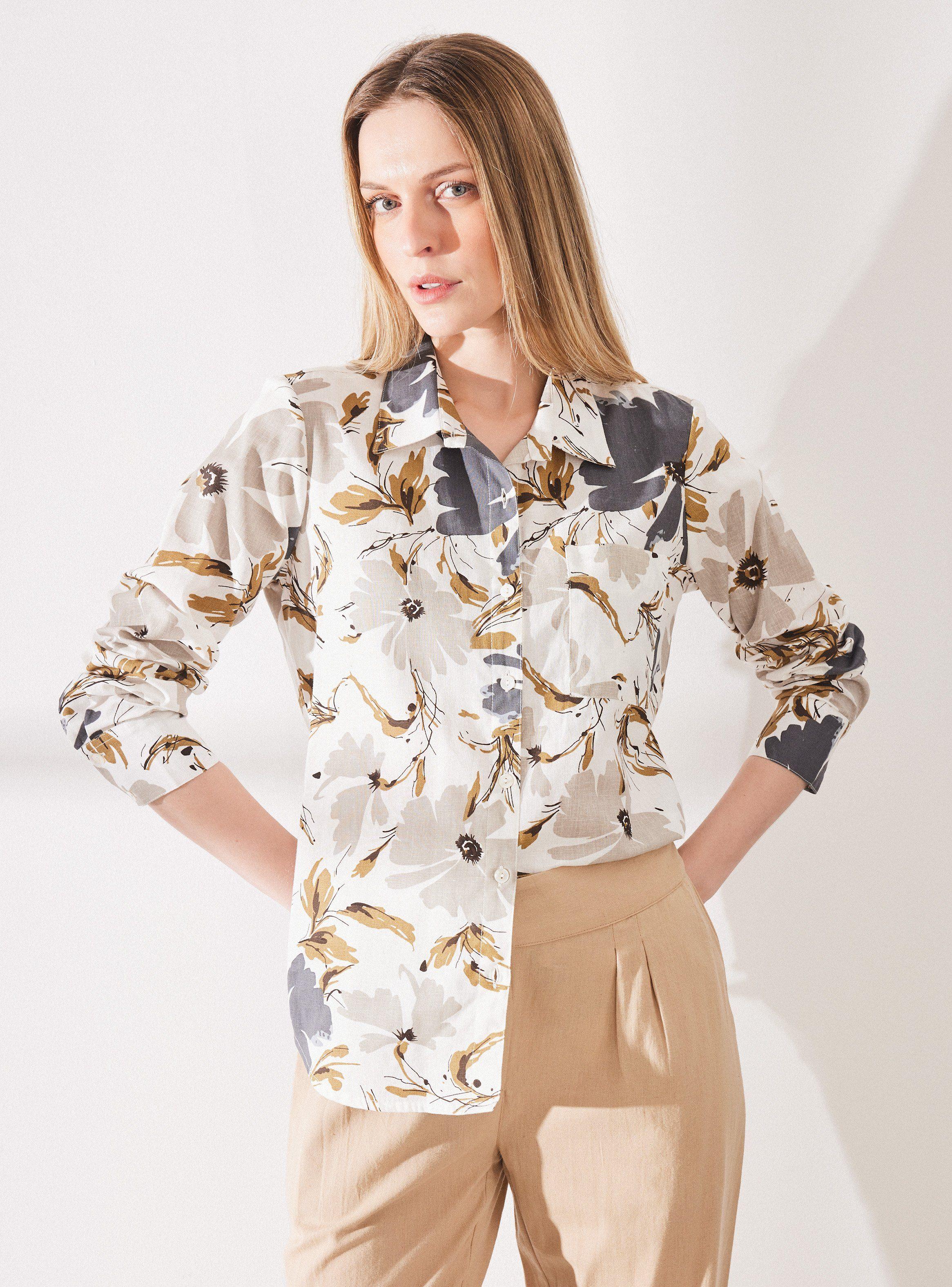 Blusa Lino Estampada Manga Larga-0