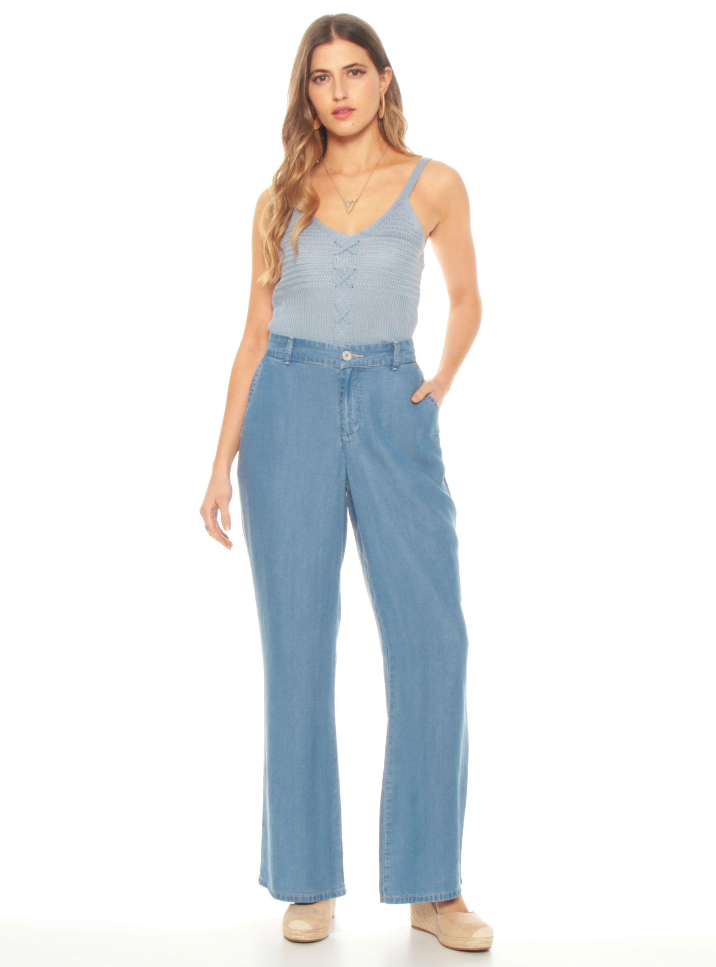 Pantalón Tencel Recto Tiro Alto Básica un Botón Elástico-3