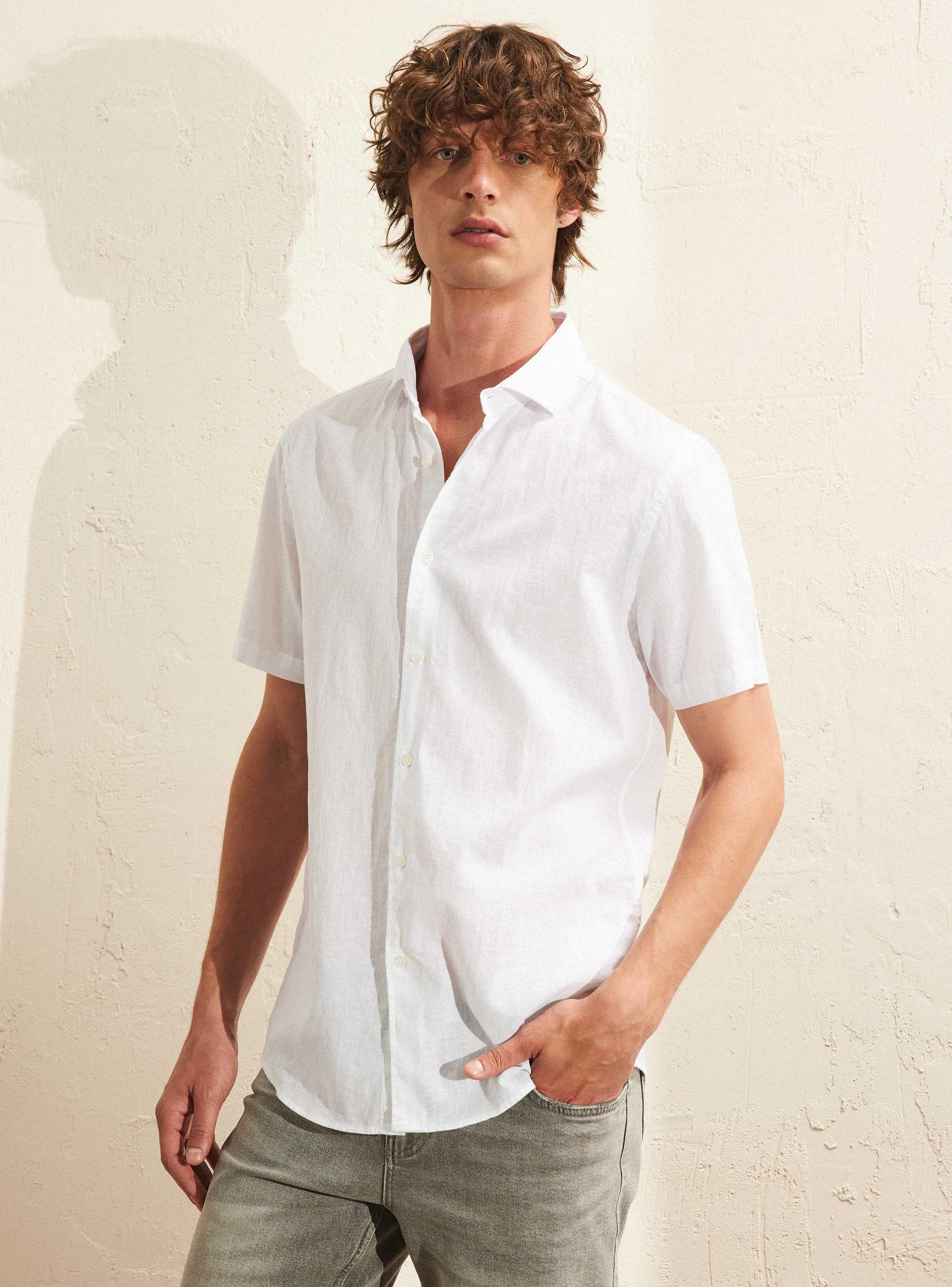 Camisa Básica Algodón Lino Manga Corta-0